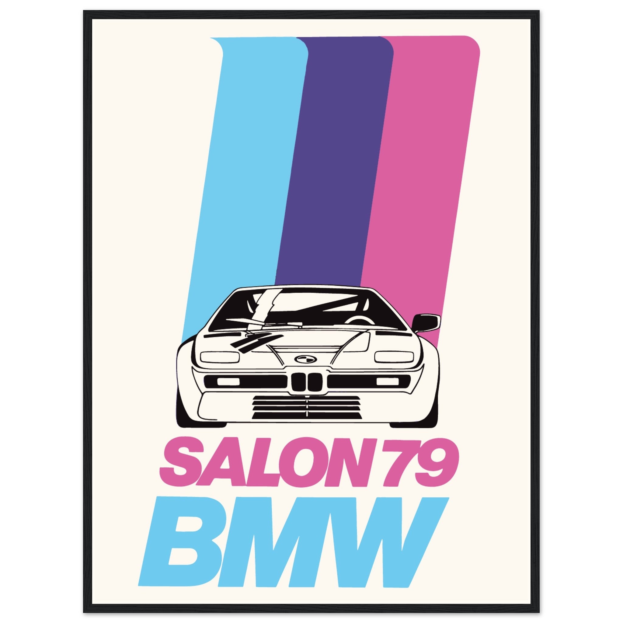 Retro auto art print of BMW M1 from Salon 79 featuring bold blue purple and pink stripes