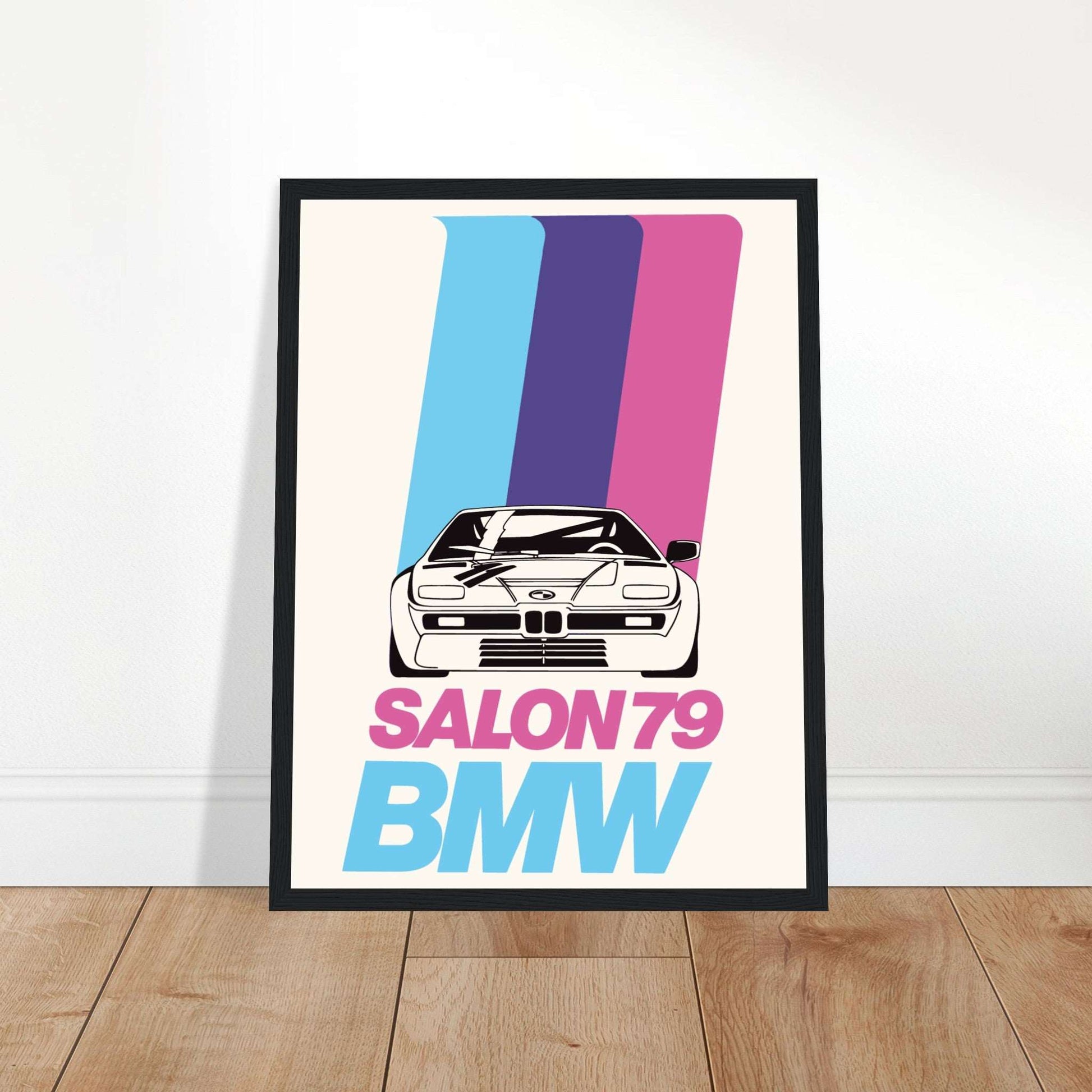 Vintage BMW Salon 79 poster featuring classic M1 sports car with retro racing stripes