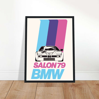 Vintage BMW Salon 79 poster featuring classic M1 sports car with retro racing stripes
