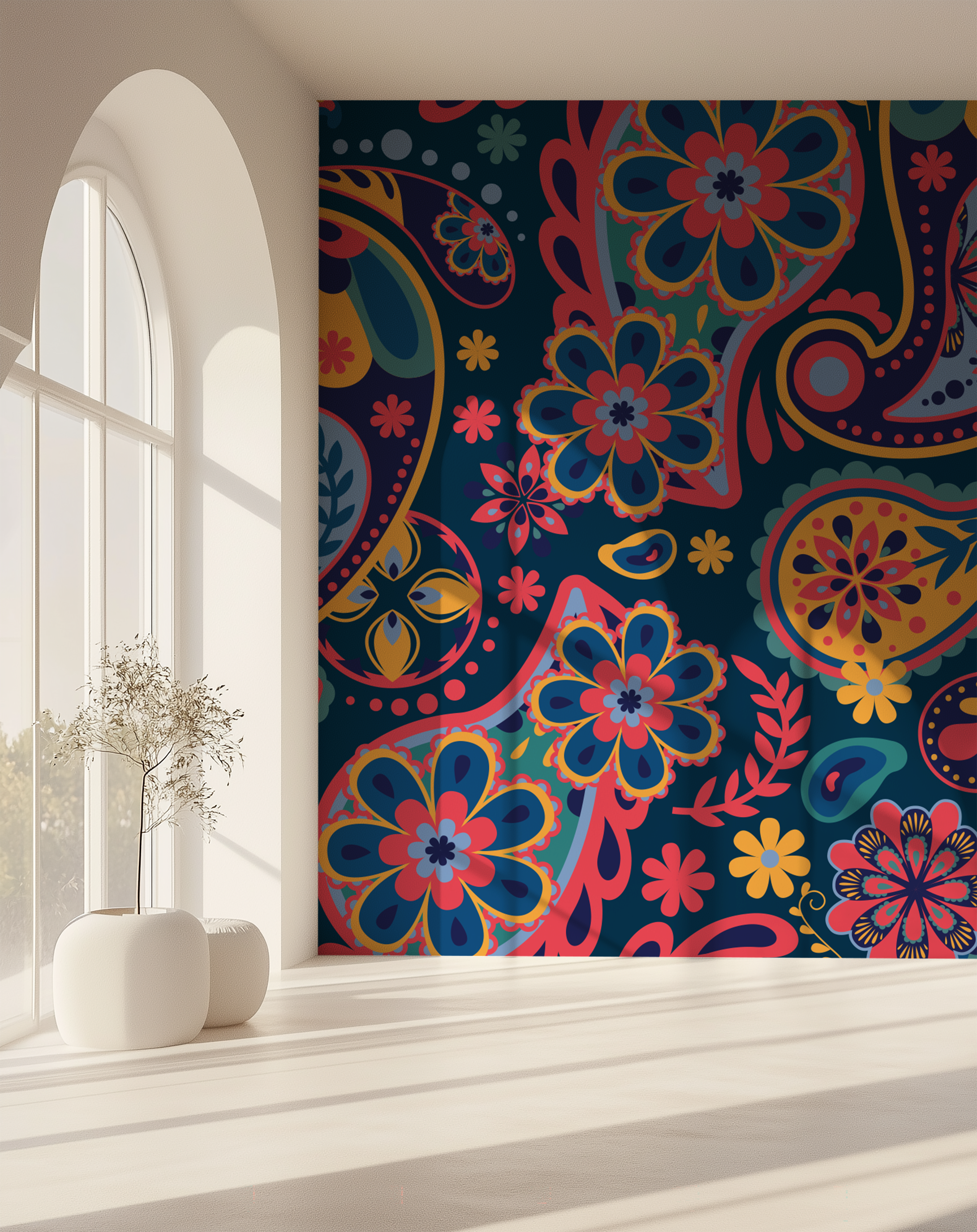 Boho Midnight Bloom Floral Paisley Wallpaper displayed as a colourful feature wall beside a large arched window.