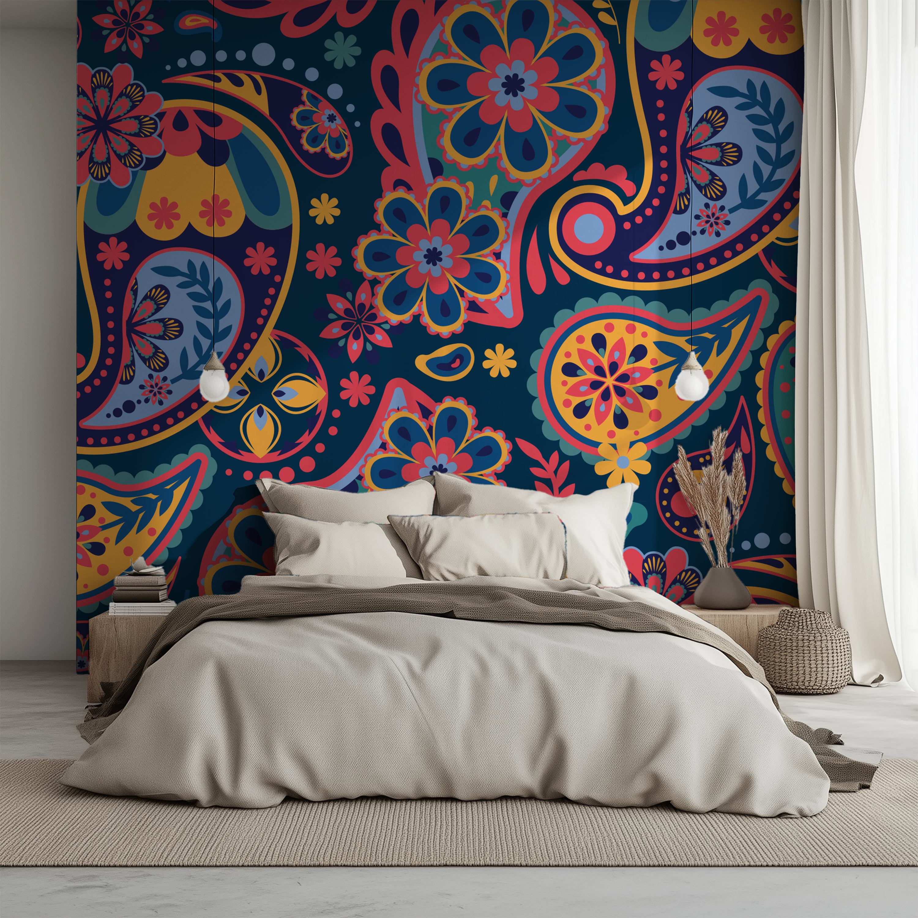 Boho Midnight Bloom Floral Paisley Wallpaper featured behind a modern bed with neutral bedding.