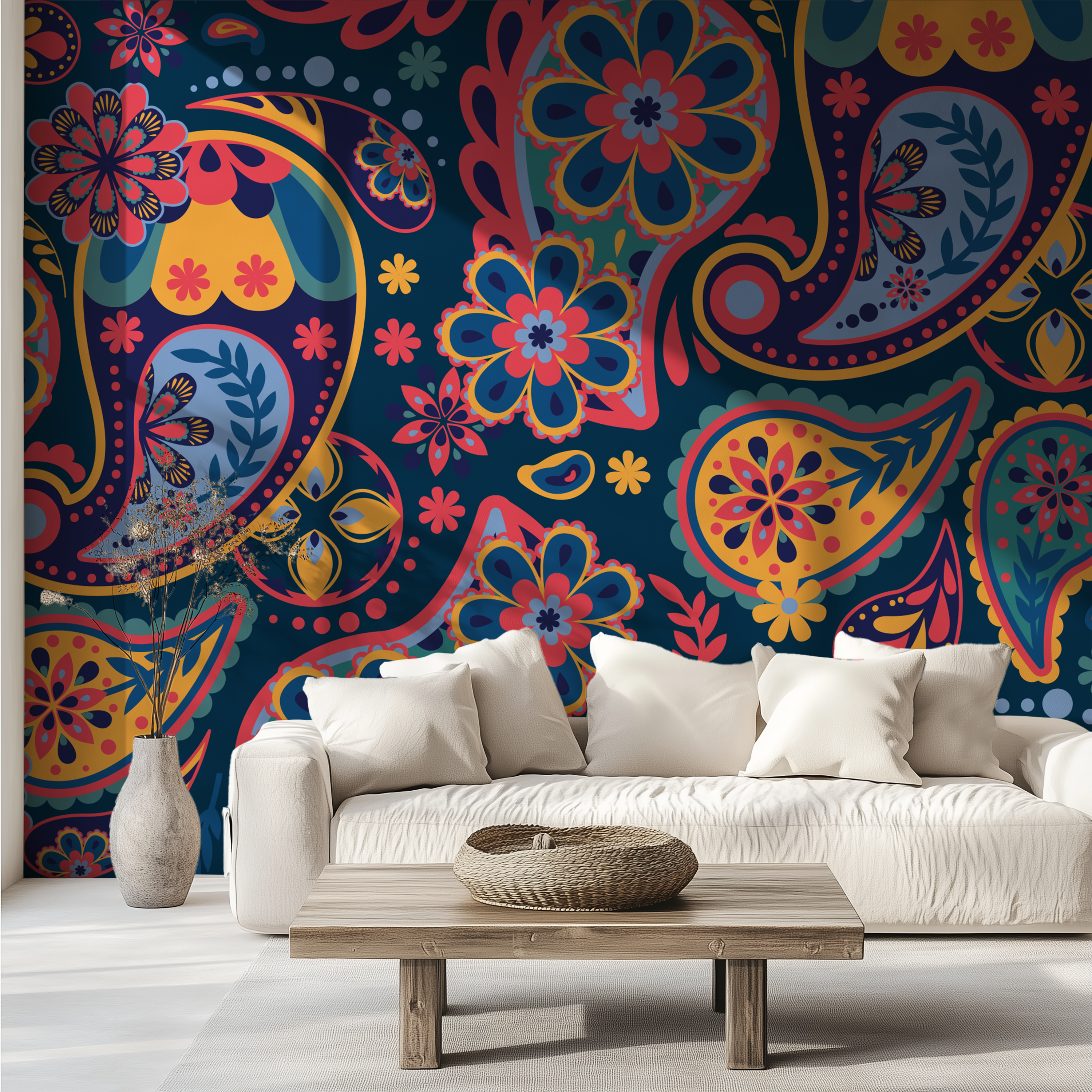 Boho Midnight Bloom Floral Paisley Wallpaper paired with a contemporary white sofa and natural wood coffee table.