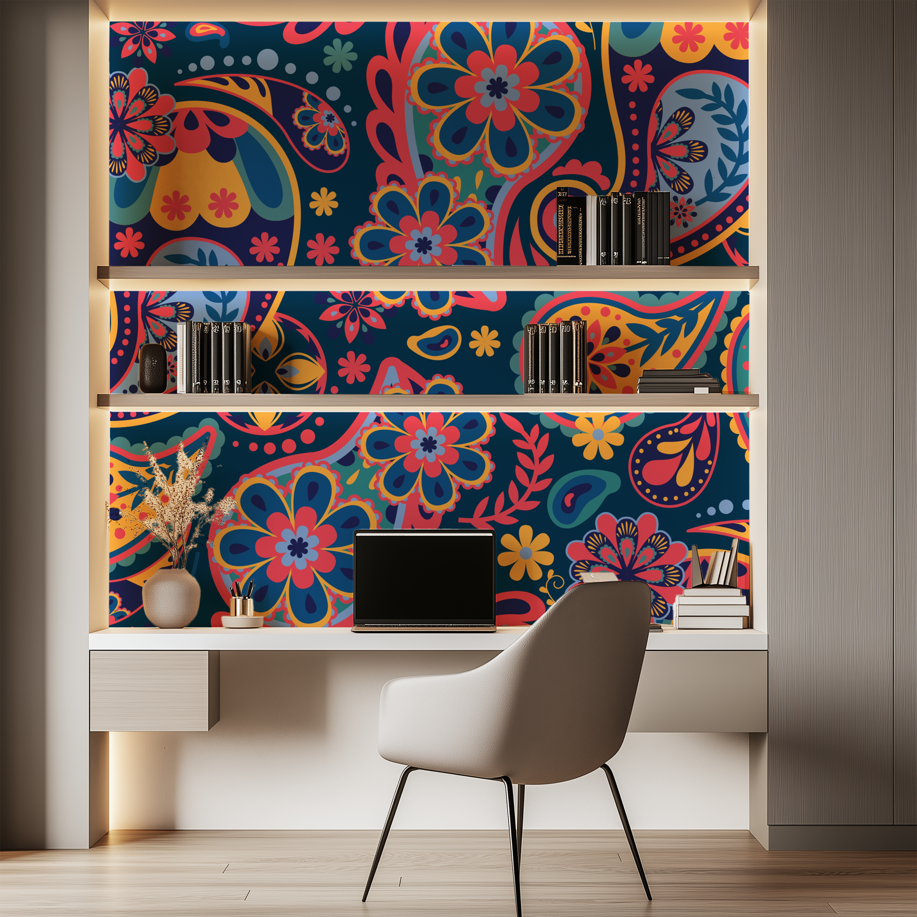 Boho Midnight Bloom Floral Paisley Wallpaper decorating a stylish contemporary home office.