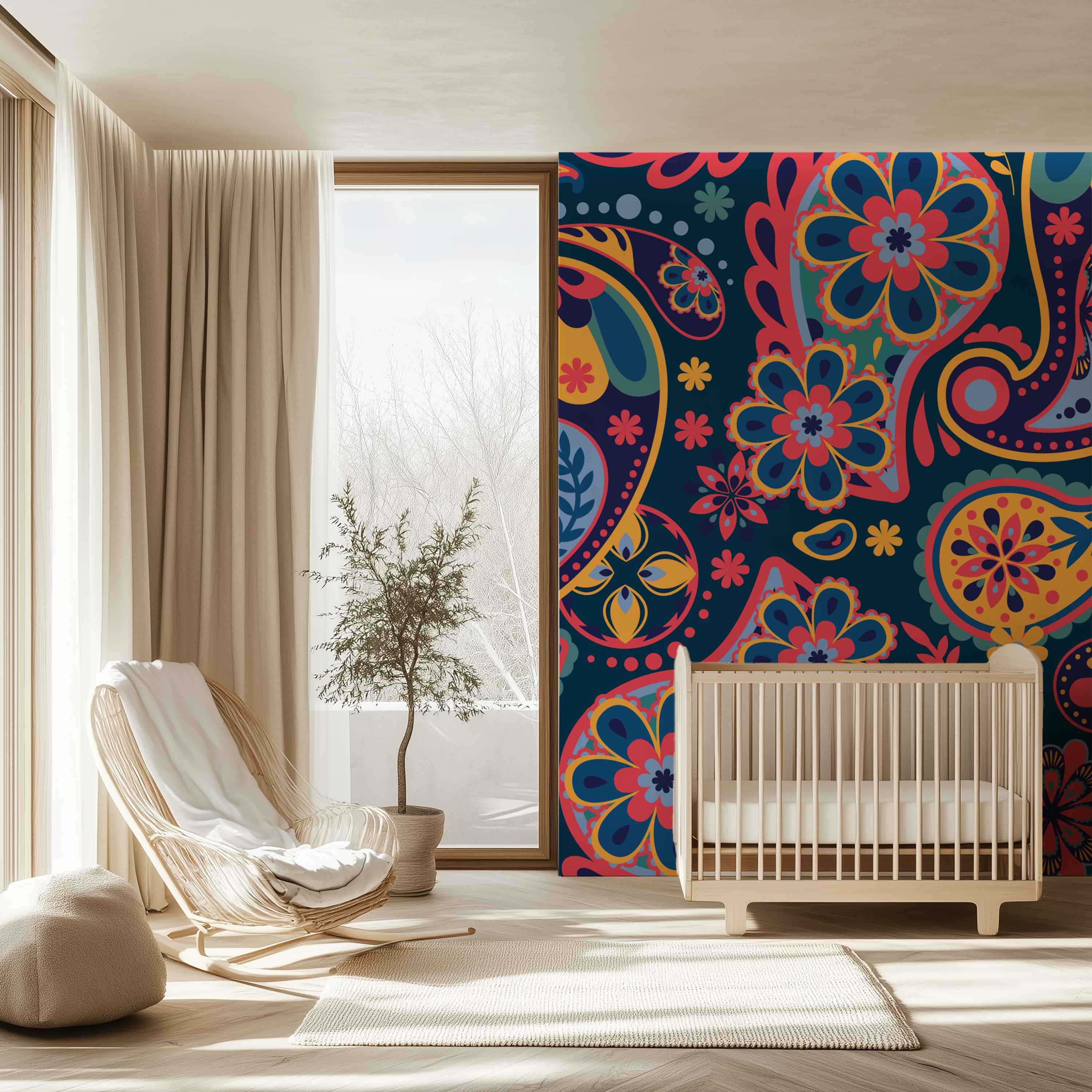 Boho Midnight Bloom Floral Paisley Wallpaper creating a colourful nursery with natural wood furniture.