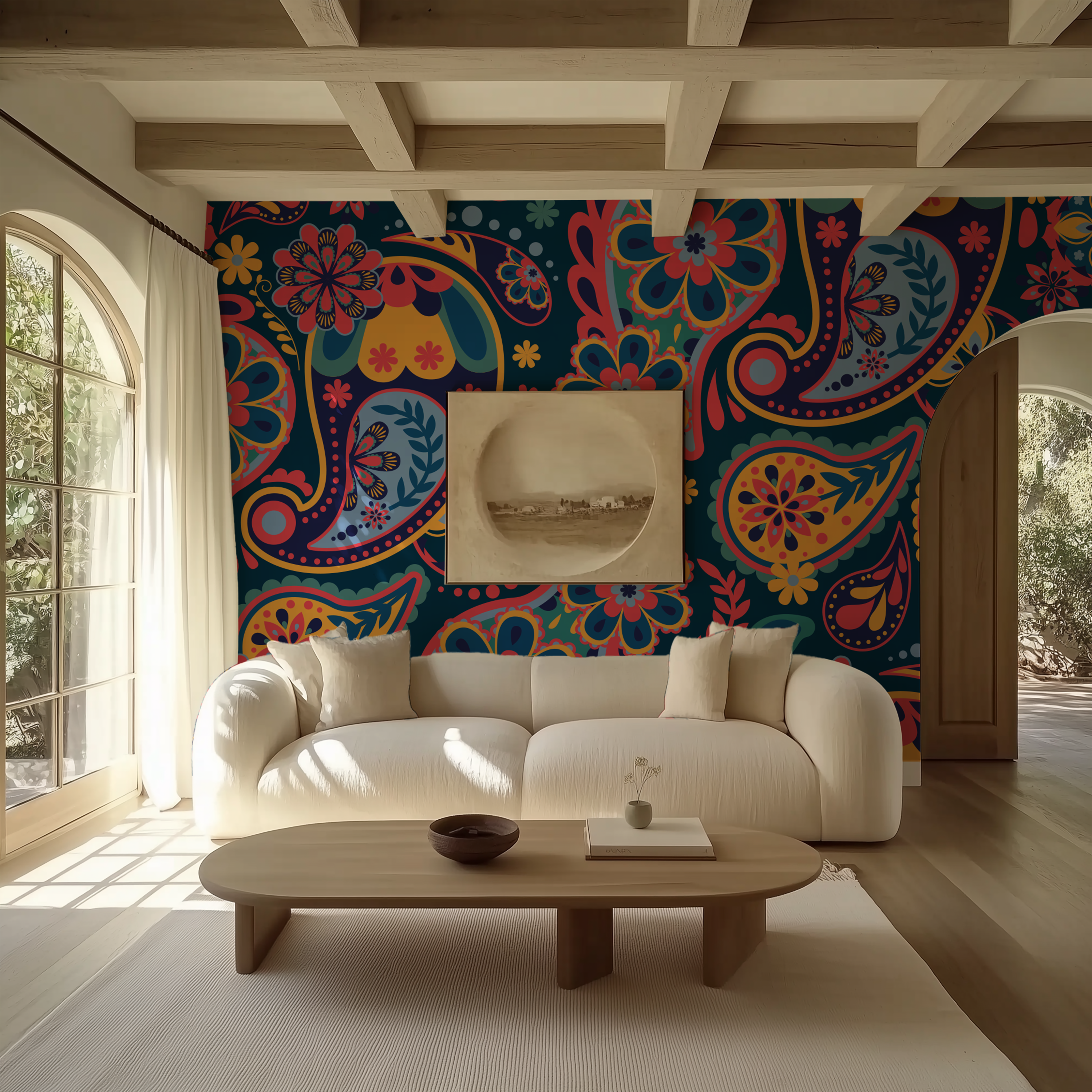 Boho Midnight Bloom Floral Paisley Wallpaper behind a curved white sofa in an organic modern living room.