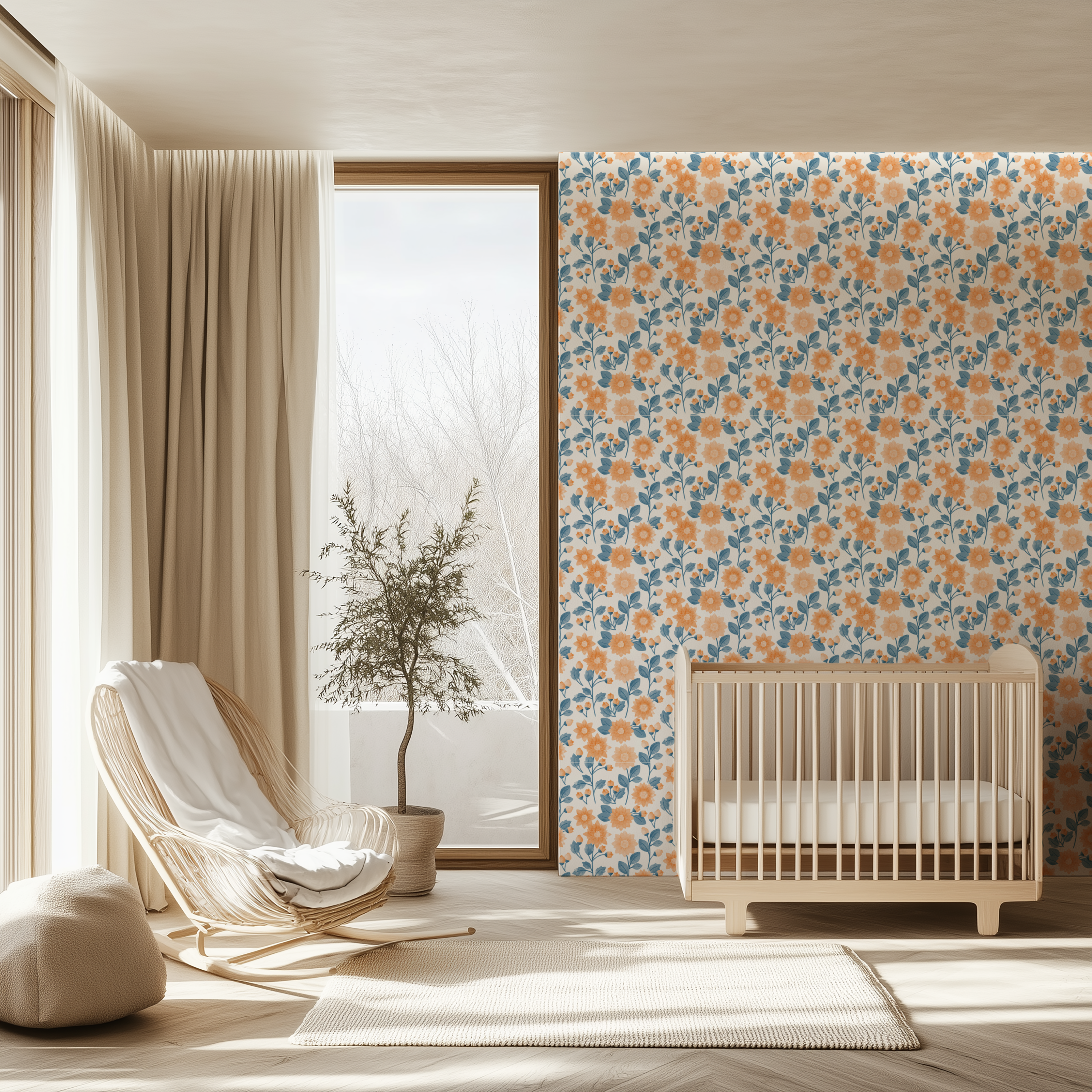 Botanical floral wallpaper with repeating daisy flowers for elegant interiors.