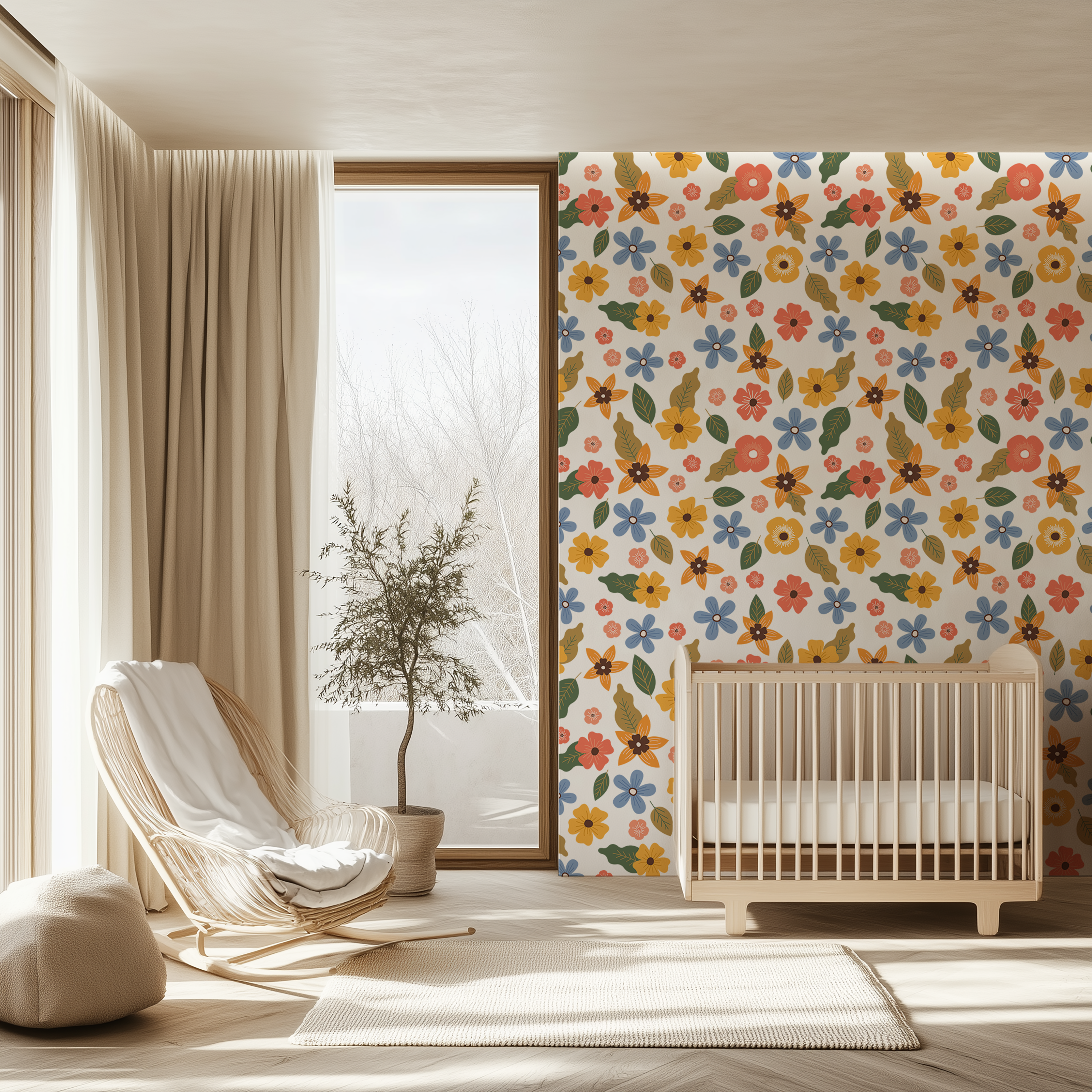 Botanical wallpaper featuring colourful wildflowers on a white background.