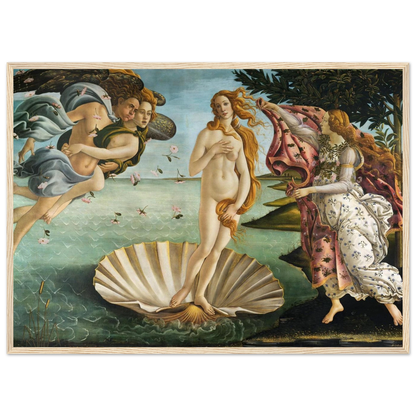 Classical Renaissance painting The Birth of Venus by Botticelli, museum-quality reproduction capturing elegance and symbolism.