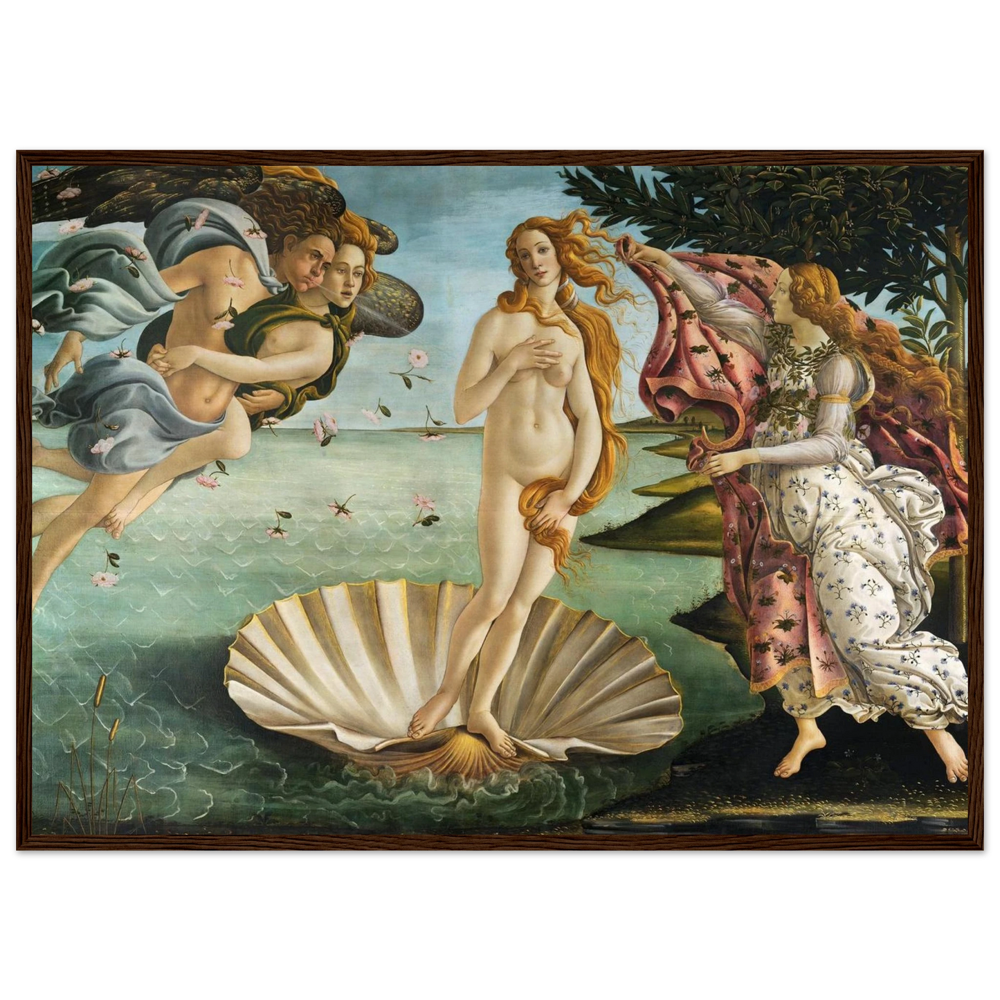 Mythological artwork The Birth of Venus by Sandro Botticelli, showing Venus, Zephyrs, and Hora of Spring in a classical allegory of love.