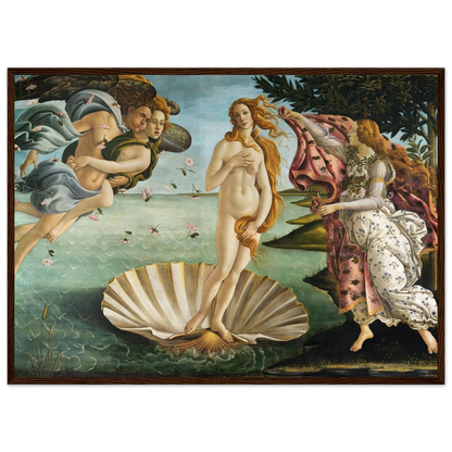 Mythological artwork The Birth of Venus by Sandro Botticelli, showing Venus, Zephyrs, and Hora of Spring in a classical allegory of love.