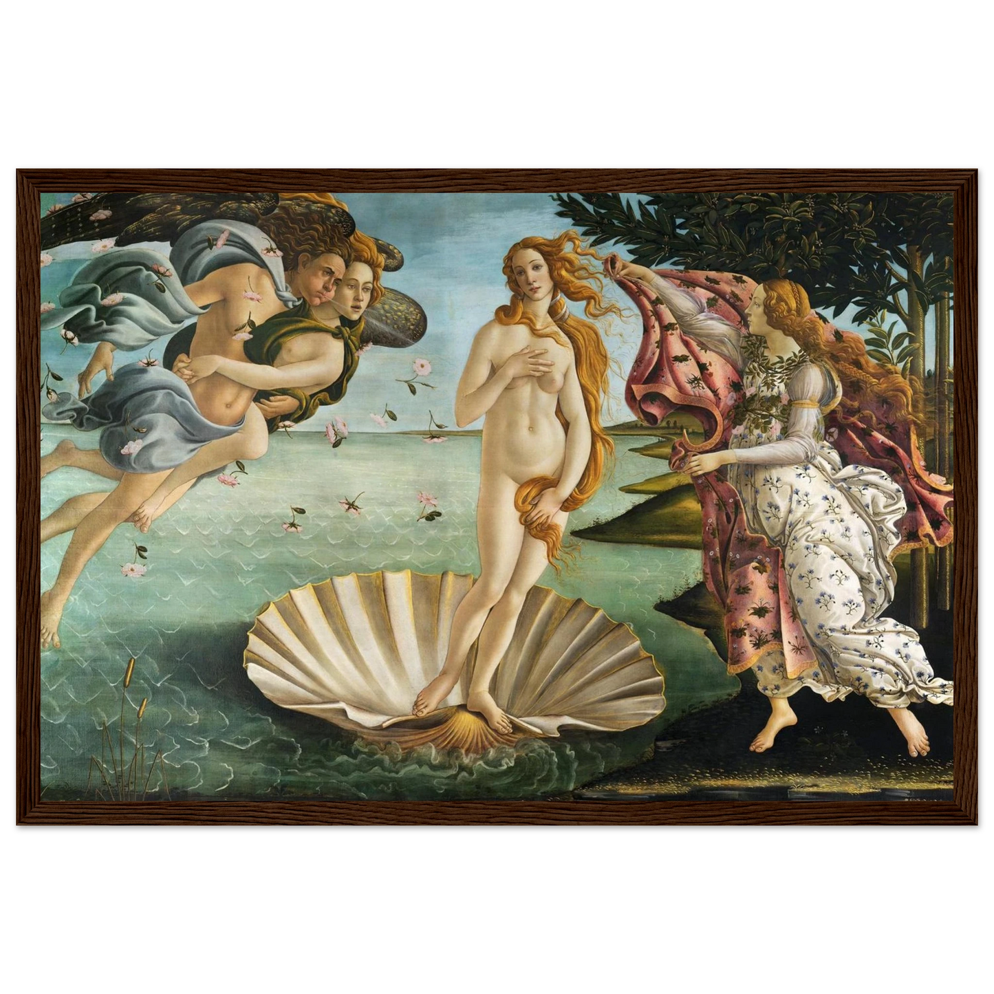 High-quality reproduction print of The Birth of Venus by Sandro Botticelli, a Renaissance masterpiece depicting the goddess emerging from the sea on a shell.