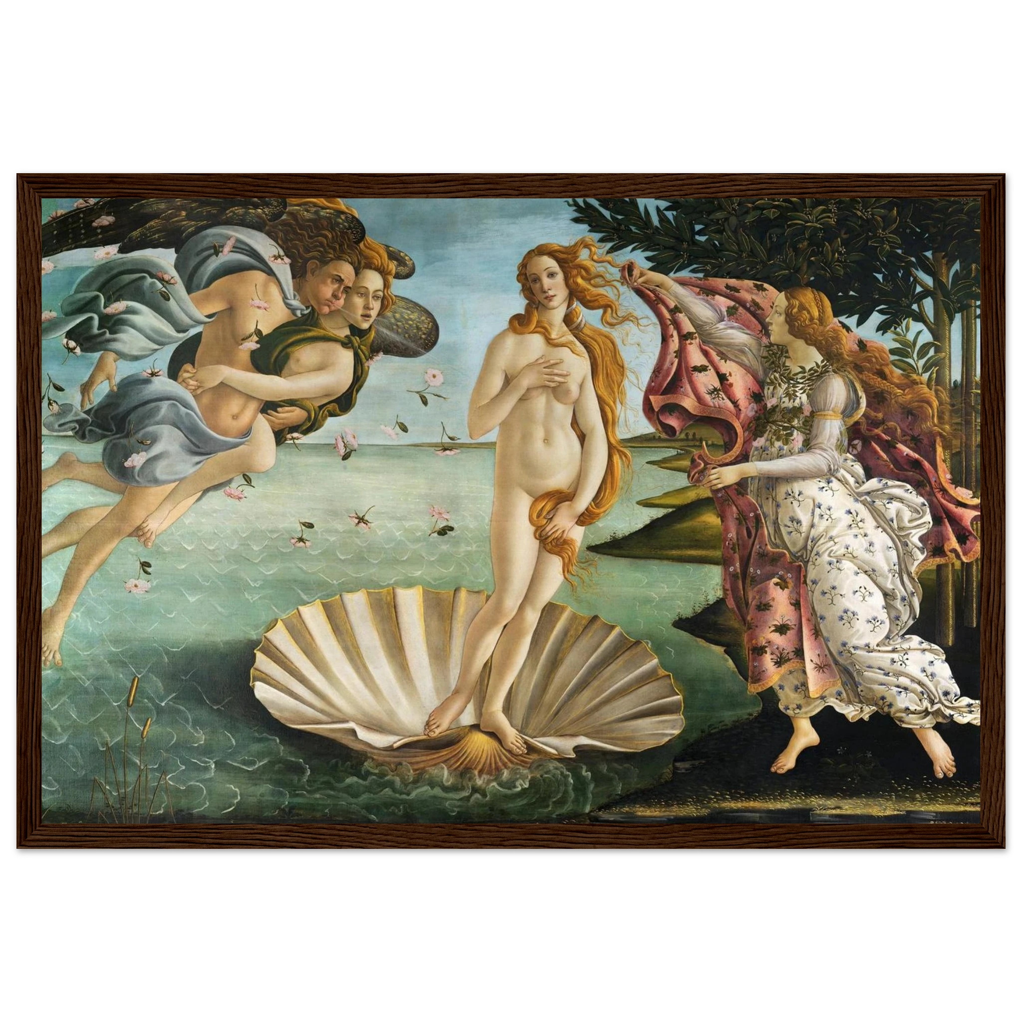 High-quality reproduction print of The Birth of Venus by Sandro Botticelli, a Renaissance masterpiece depicting the goddess emerging from the sea on a shell.