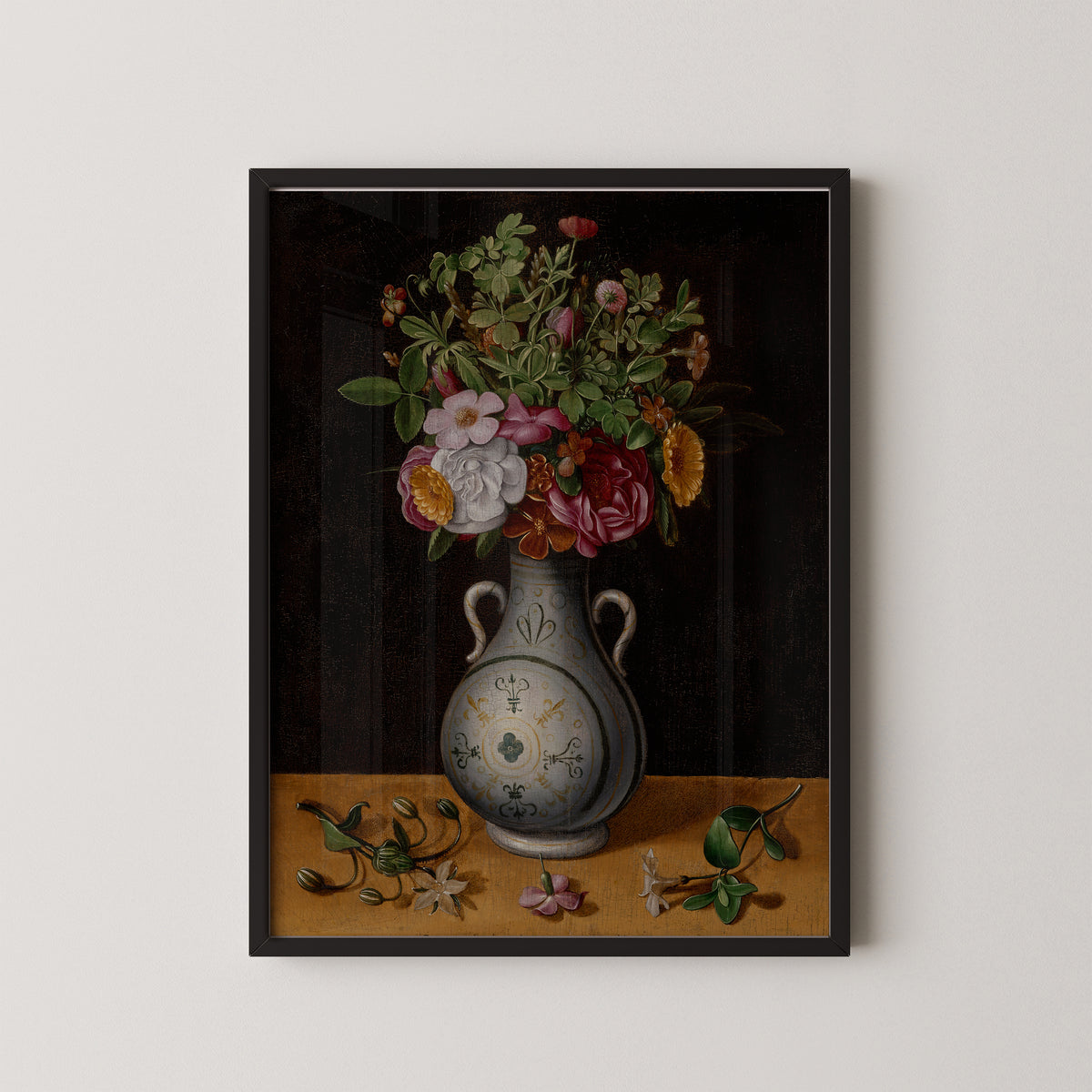 Bouquet of Flowers in a Two-Handled Vase by Ludger tom Ring the Younger, art print in a black frame