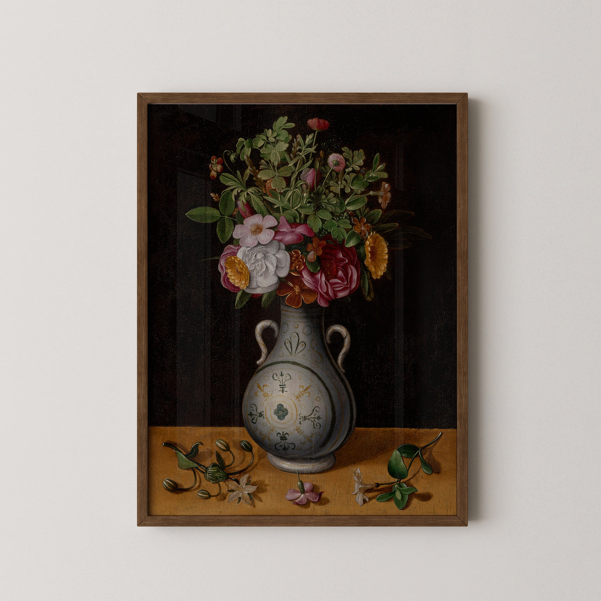 Bouquet of Flowers in a Two-Handled Vase by Ludger tom Ring the Younger, art print in a dark wood frame