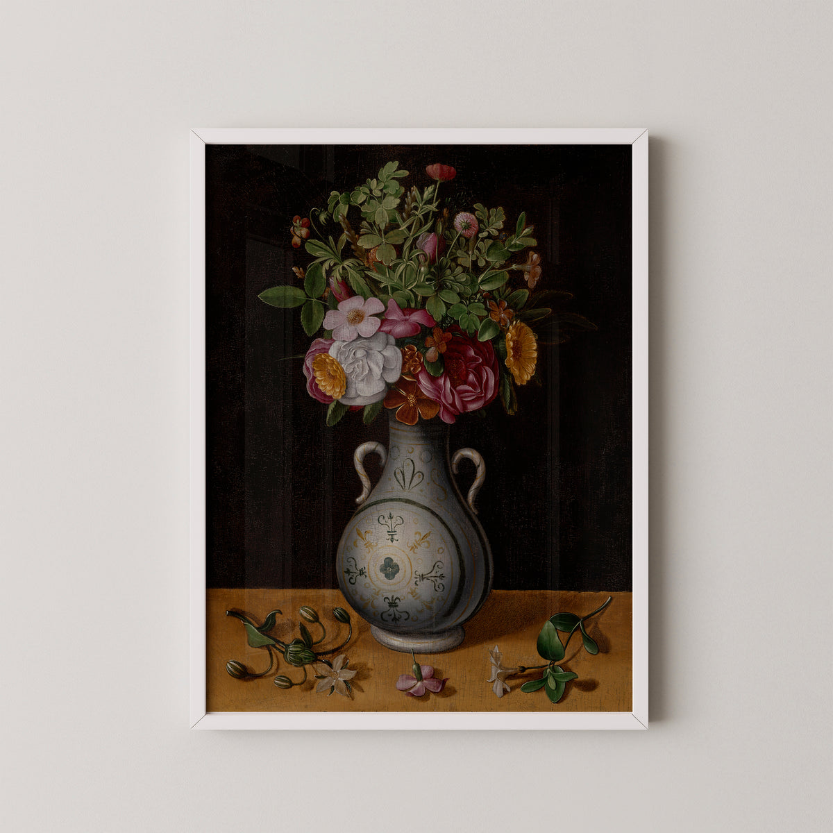 Bouquet of Flowers in a Two-Handled Vase by Ludger tom Ring the Younger, art print in a white frame