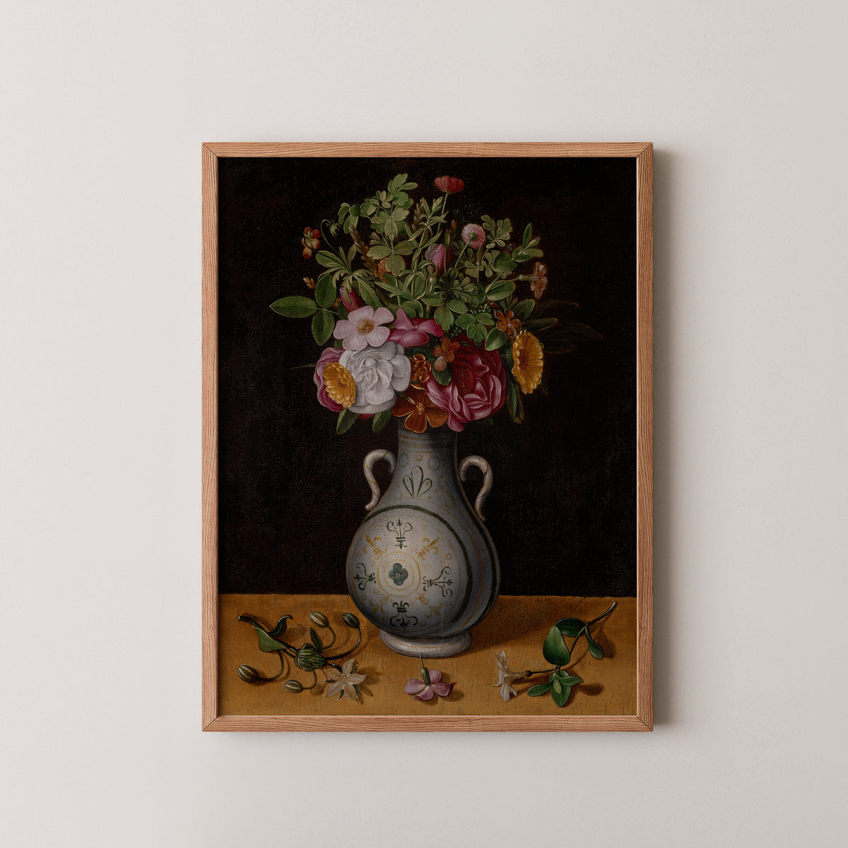 Bouquet of Flowers in a Two-Handled Vase by Ludger tom Ring the Younger, art print in a natural wood frame