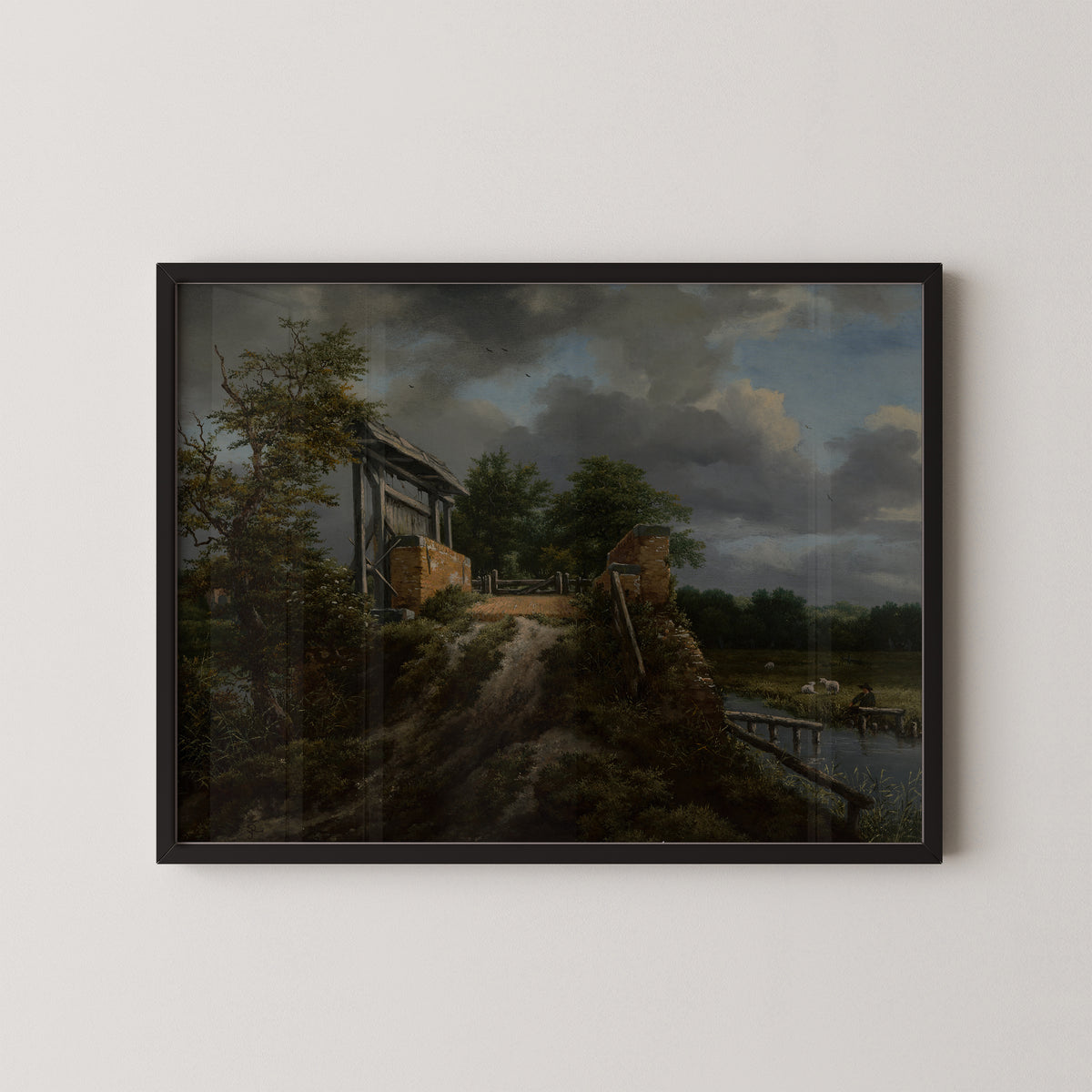Bridge with a Sluice (86.PB.597) by Jacob van Ruisdael, art print in a black frame