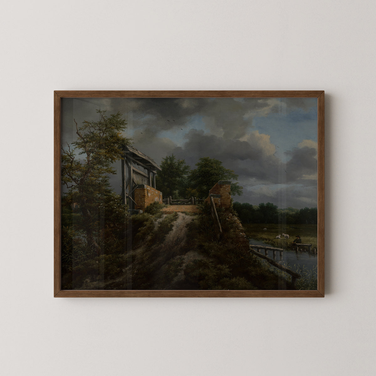 Bridge with a Sluice (86.PB.597) by Jacob van Ruisdael, art print in a dark wood frame