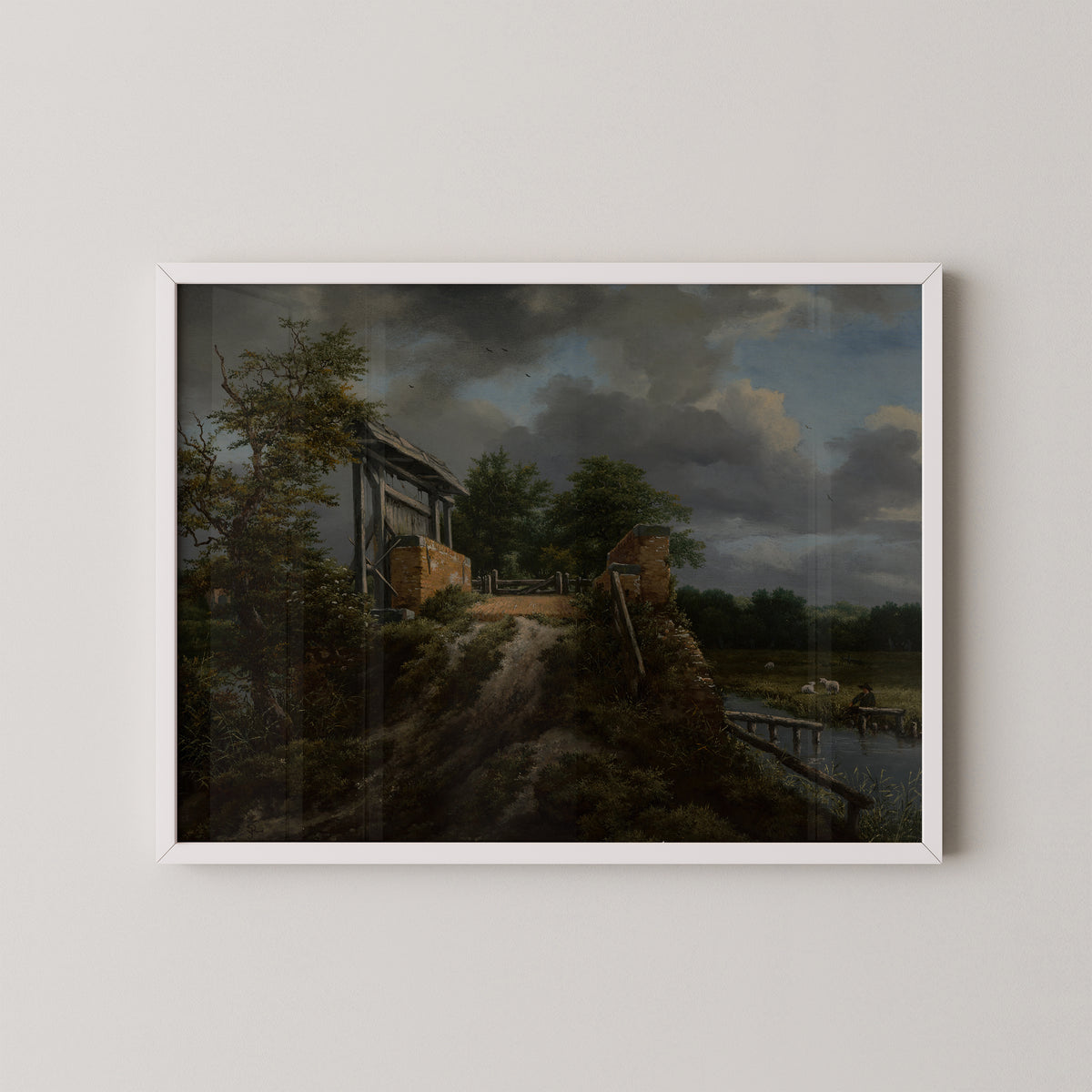 Bridge with a Sluice (86.PB.597) by Jacob van Ruisdael, art print in a white frame