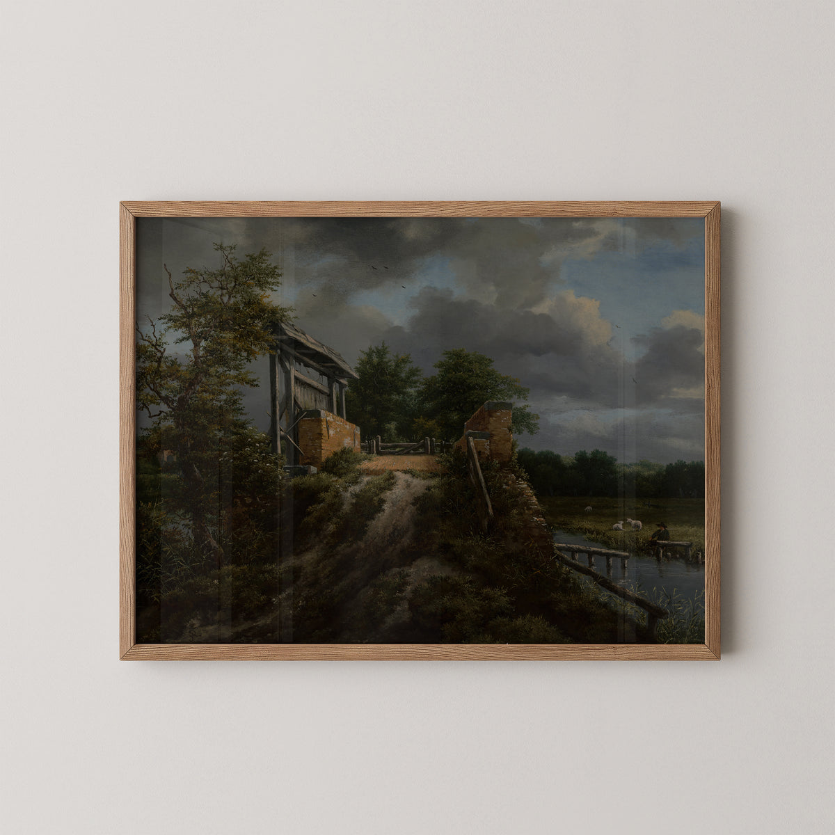 Bridge with a Sluice (86.PB.597) by Jacob van Ruisdael, art print in a natural wood frame