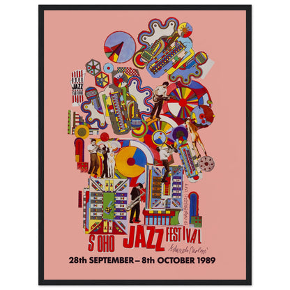 British pop art-style poster for the 1989 Soho Jazz Festival in London. Bold shapes and energetic design make it a standout vintage print for jazz enthusiasts, musicians, and mid-century decor fans.
