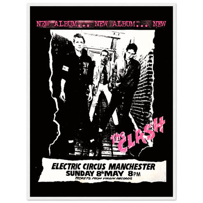 British punk rock poster featuring The Clash live in Manchester — vintage music memorabilia for collectors and fans.