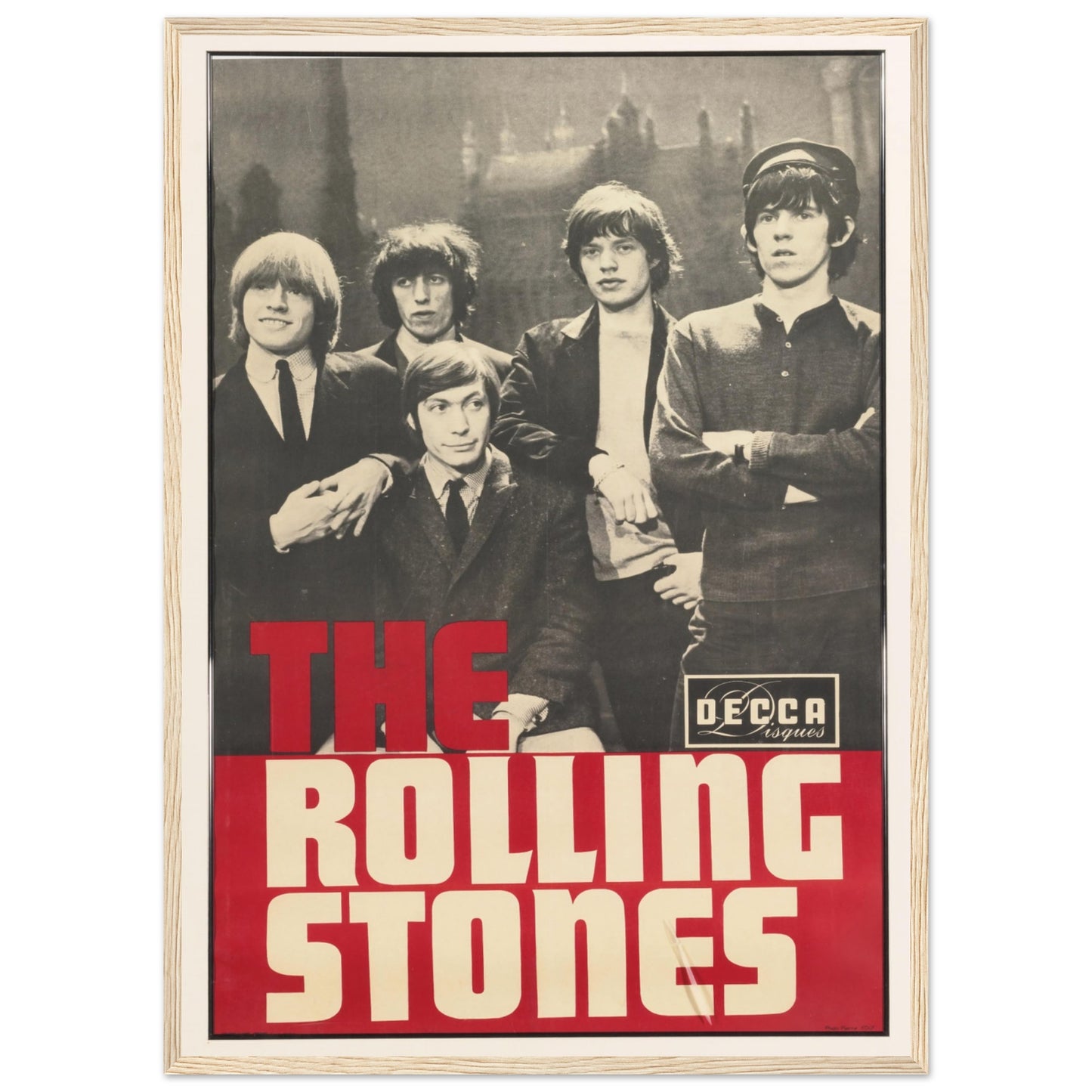 British rock vintage poster — The Rolling Stones early-era design with Decca logo and bold red text, perfect for retro interiors.