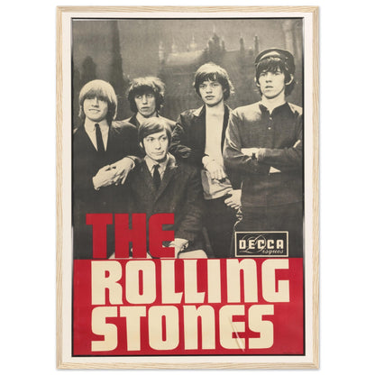 British rock vintage poster — The Rolling Stones early-era design with Decca logo and bold red text, perfect for retro interiors.