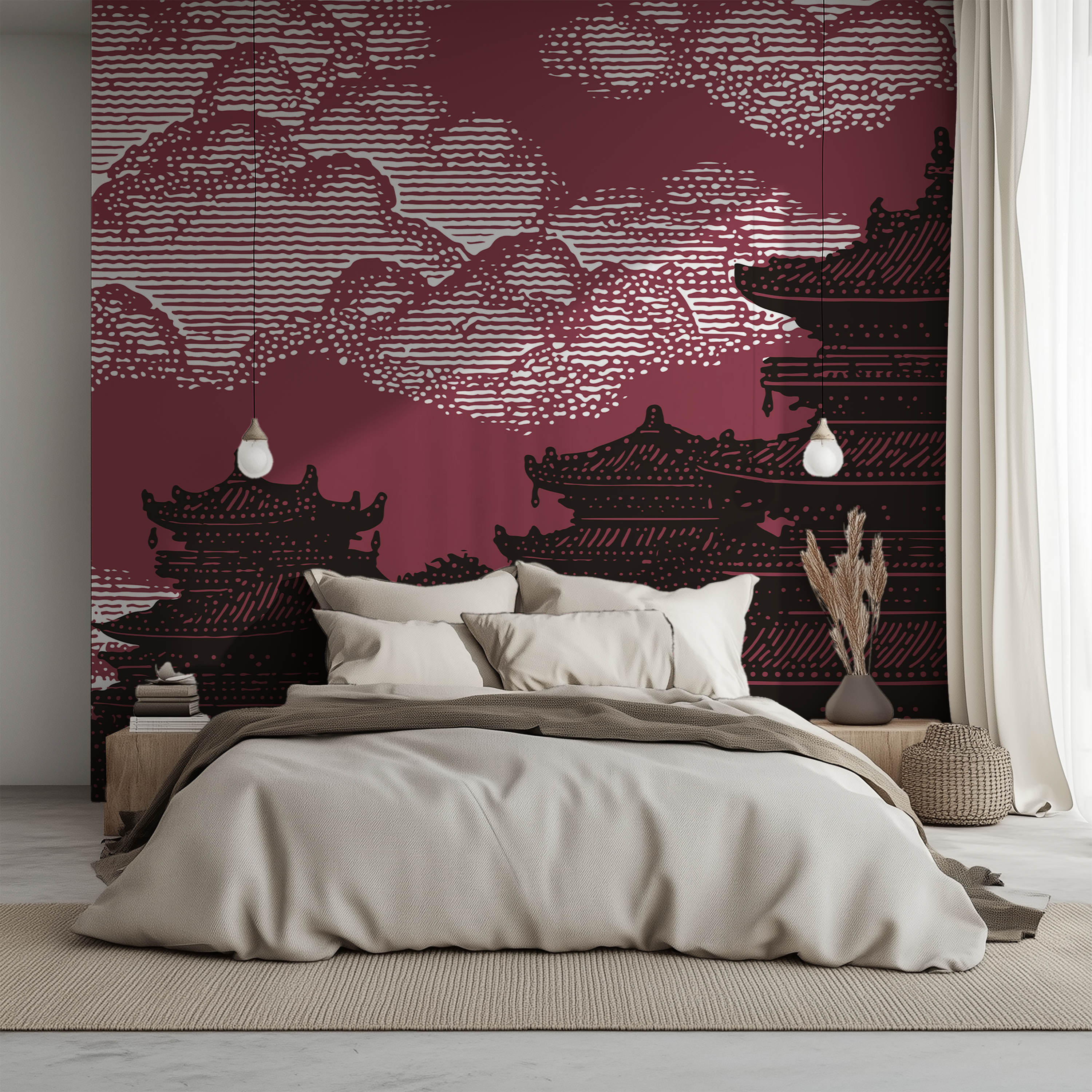 Burgundy Japanese pagoda wallpaper with illustrated cream clouds