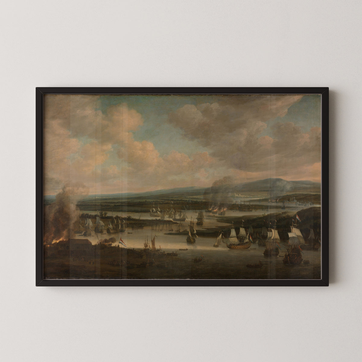Burning of the English Fleet near Chatham (19-24 June 1667) by Willem Schellinks, art print in a black frame