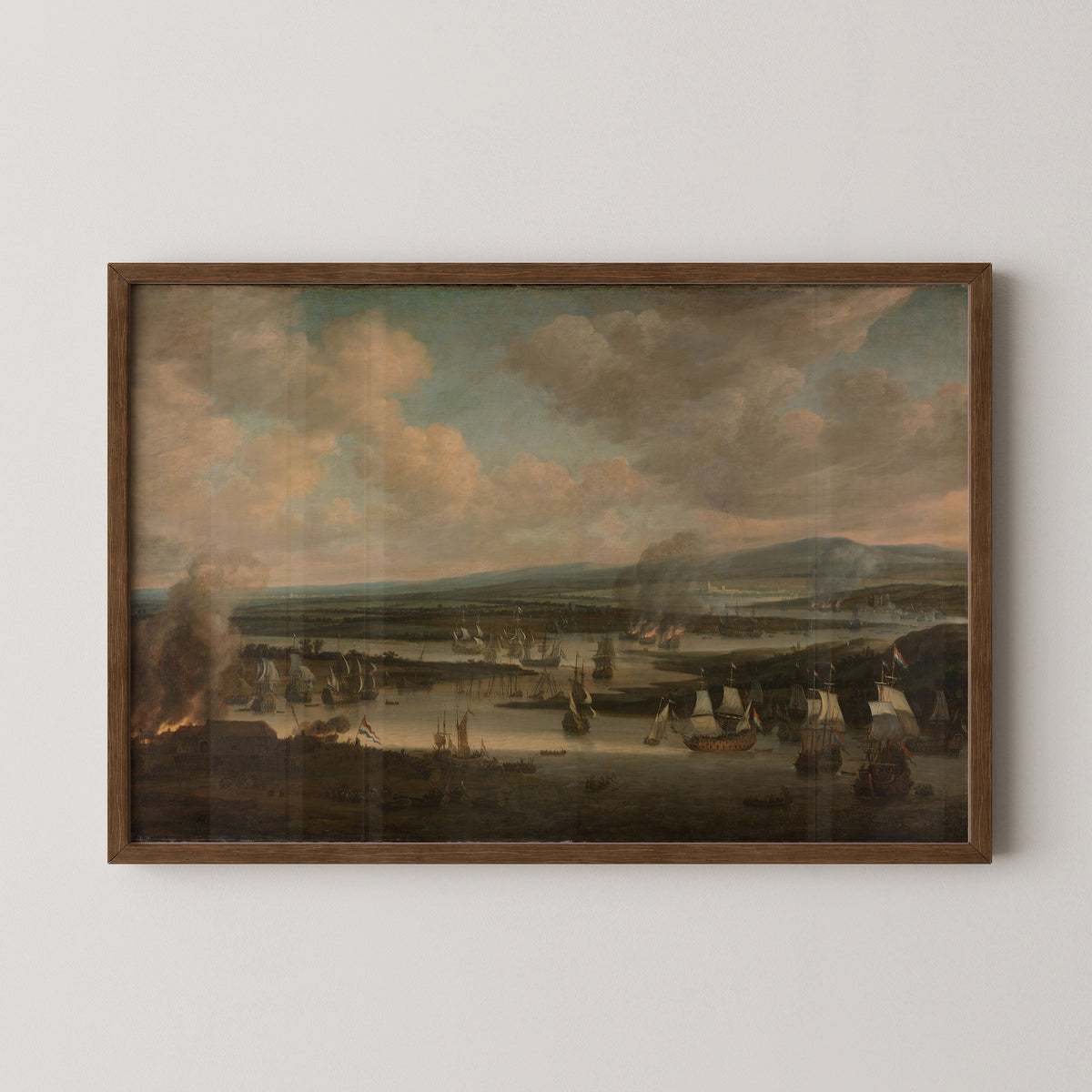 Burning of the English Fleet near Chatham (19-24 June 1667) by Willem Schellinks, art print in a dark wood frame