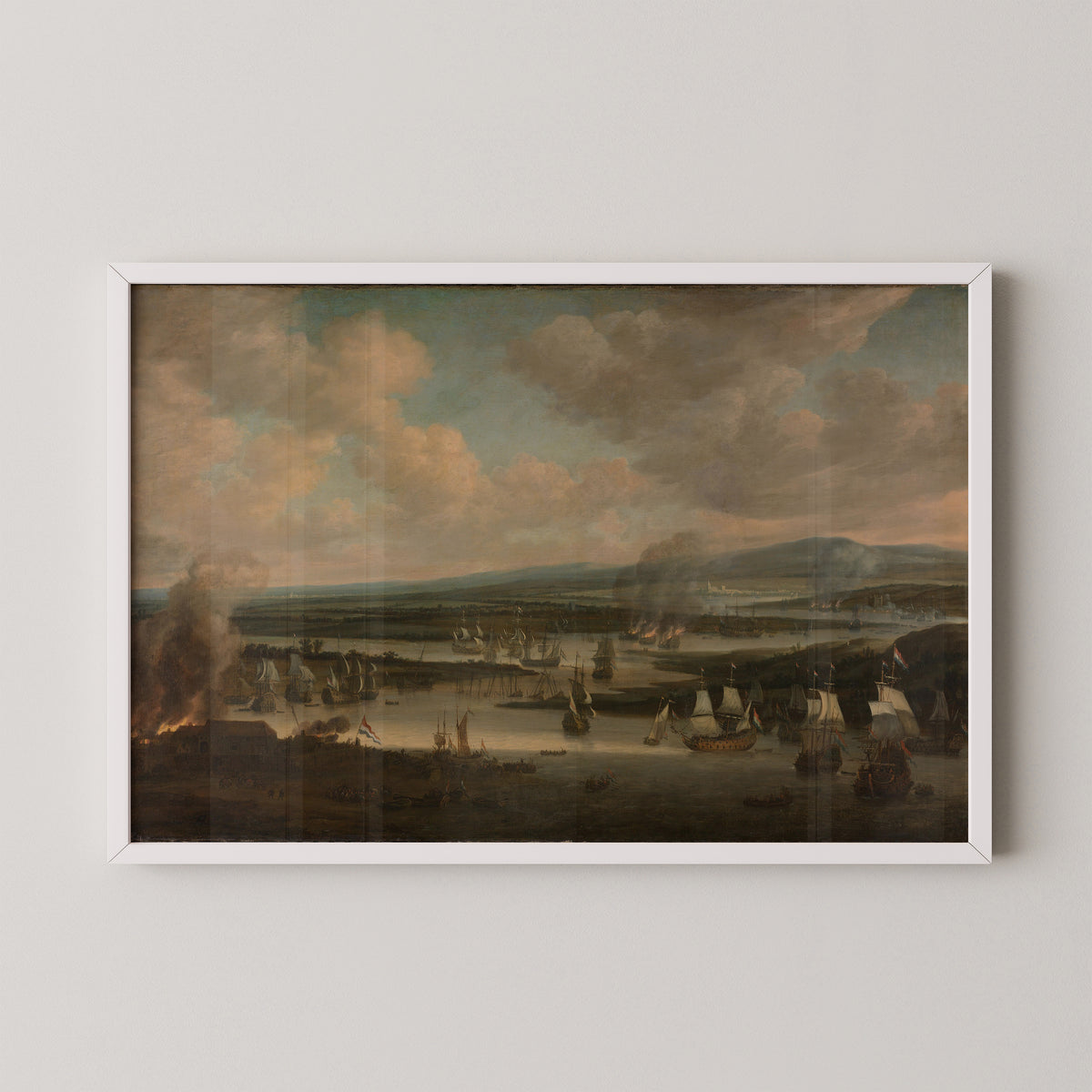 Burning of the English Fleet near Chatham (19-24 June 1667) by Willem Schellinks, art print in a white frame