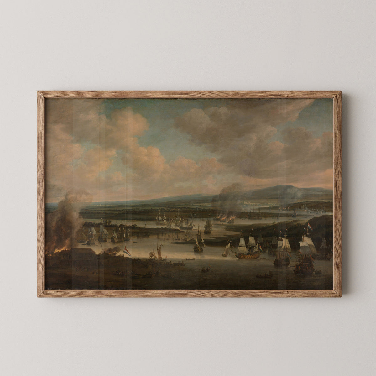 Burning of the English Fleet near Chatham (19-24 June 1667) by Willem Schellinks, art print in a natural wood frame