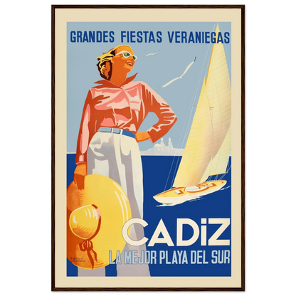 Vintage travel art print of Cádiz, Spain, showcasing sandy beaches, blue waters, and retro tourism design from the golden age of travel.
