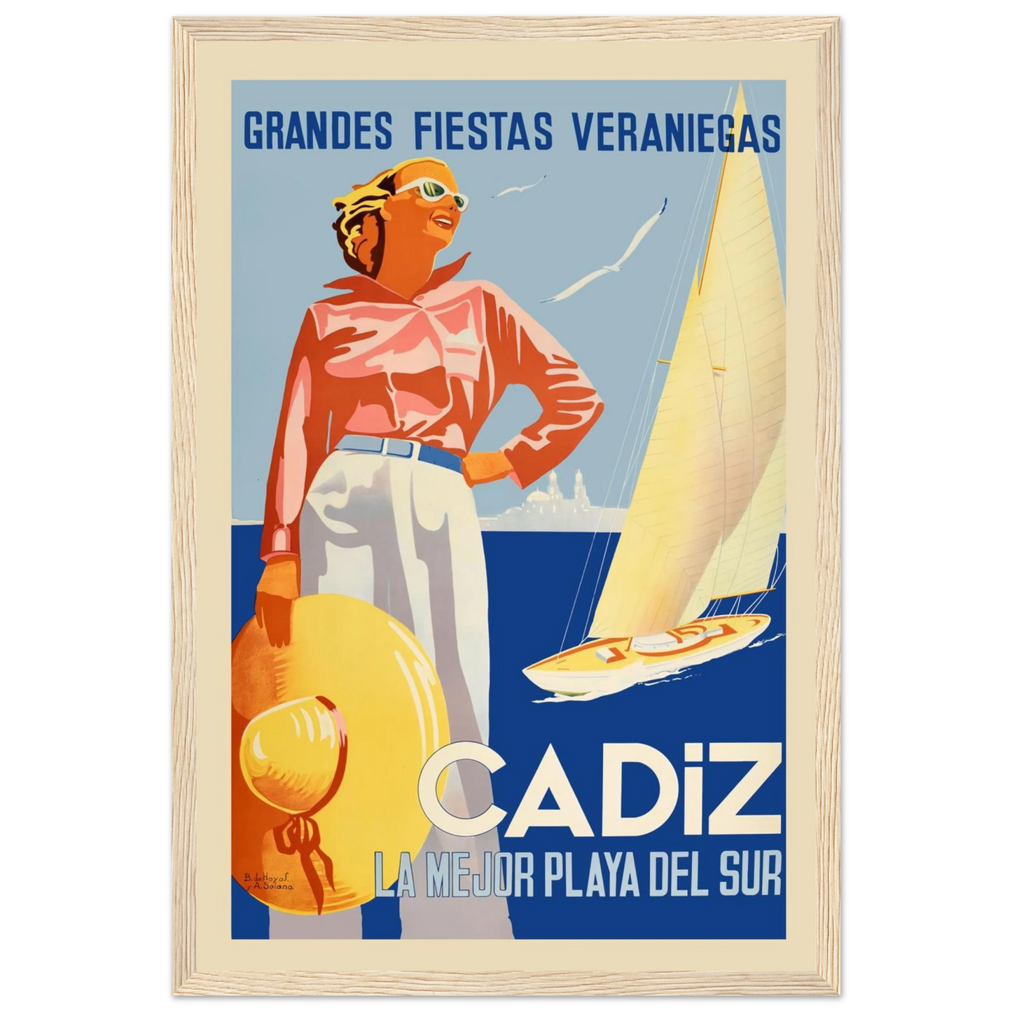Vintage beach poster of Cádiz, Spain, highlighting sun, sea, and traditional whitewashed architecture in timeless Mediterranean elegance.