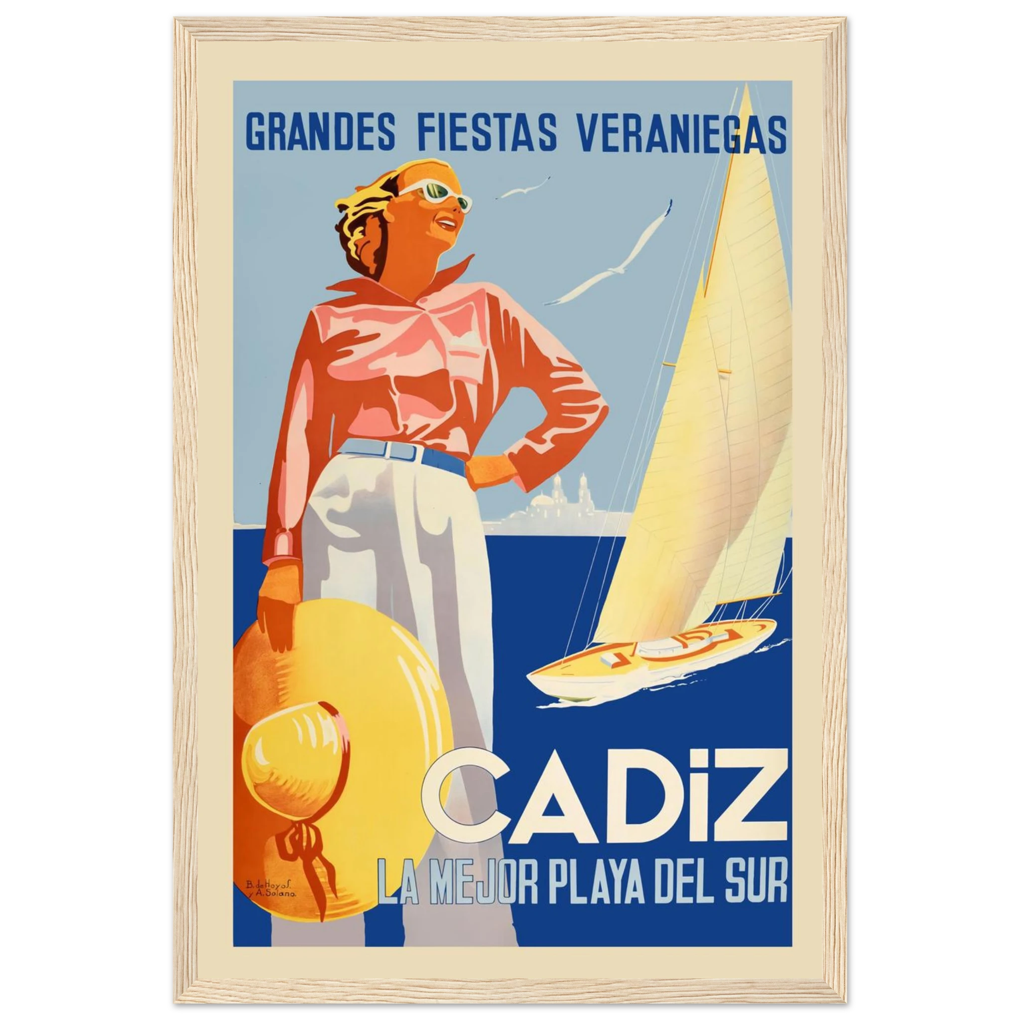 Vintage beach poster of Cádiz, Spain, highlighting sun, sea, and traditional whitewashed architecture in timeless Mediterranean elegance.