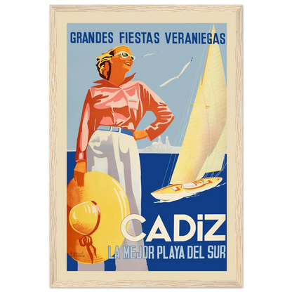 Vintage beach poster of Cádiz, Spain, highlighting sun, sea, and traditional whitewashed architecture in timeless Mediterranean elegance.