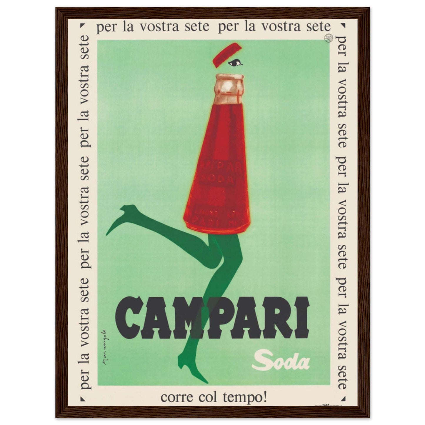Vintage Italian Campari Soda print with playful feminine design and bold colors. Retro drink poster celebrating classic Italian aperitif culture and 1960s advertising style.