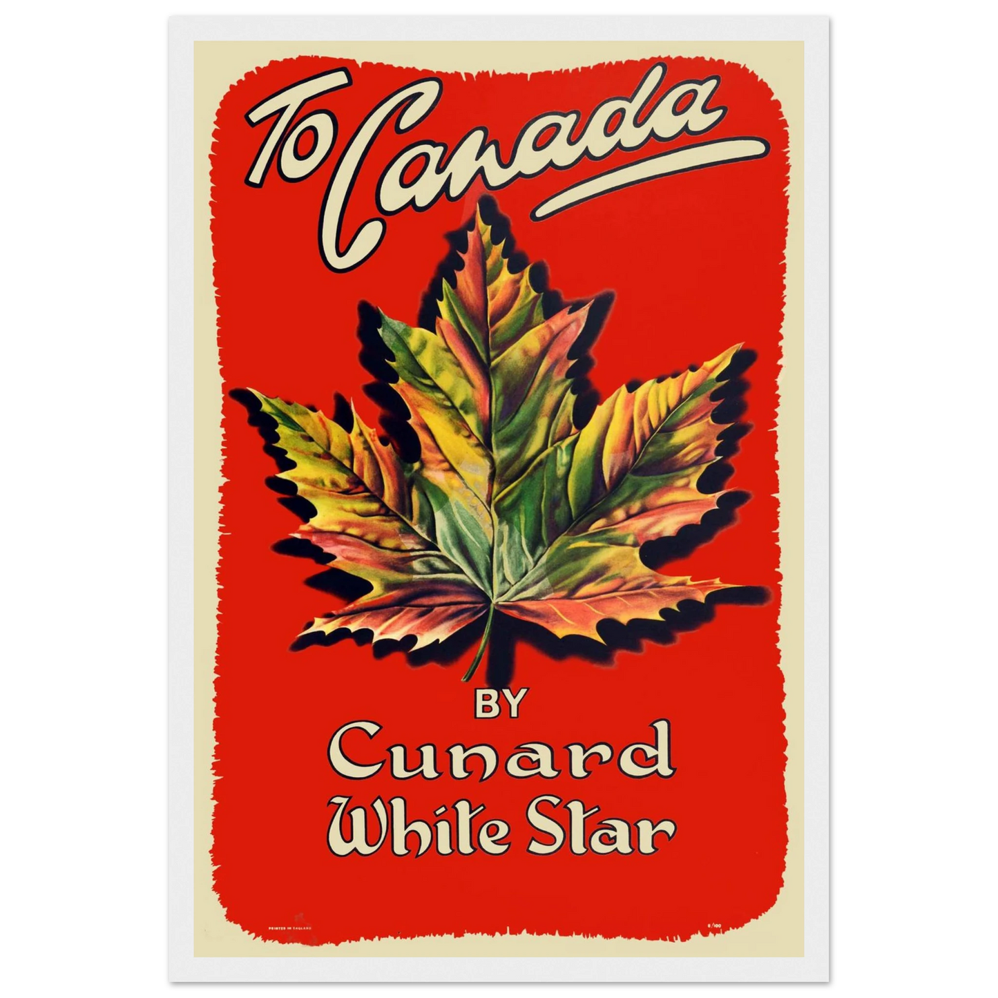 Retro wall art print of a vintage Canada poster with graphic maple leaf design, perfect for travel lovers and Canadian-inspired interiors.