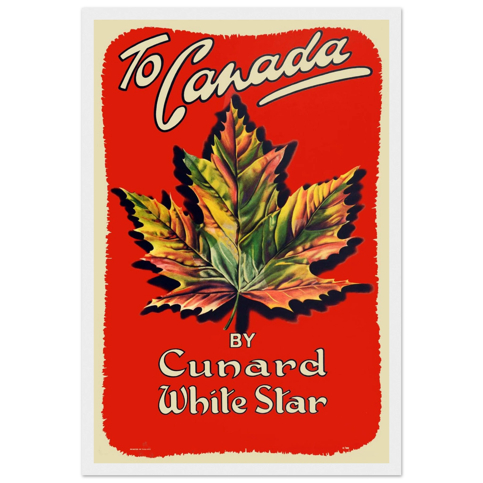 Retro wall art print of a vintage Canada poster with graphic maple leaf design, perfect for travel lovers and Canadian-inspired interiors.