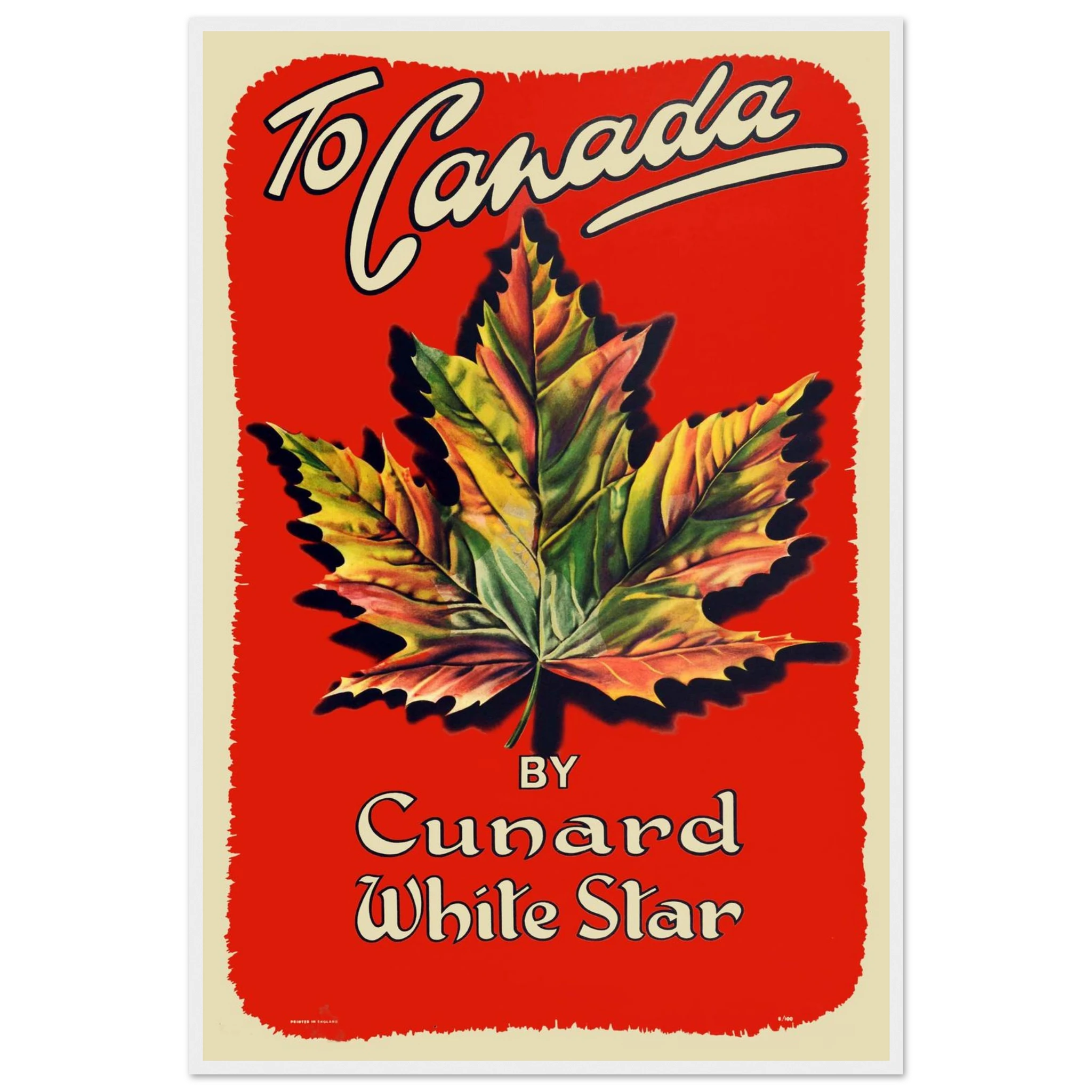 Vintage tourism poster of Canada, blending bold typography, maple leaf symbolism, and timeless retro travel poster style.