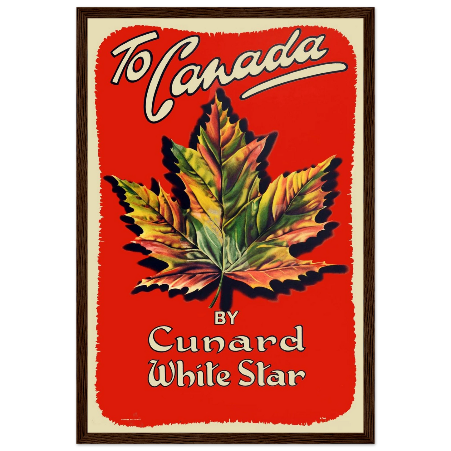 Mid-century modern art print featuring the Canadian maple leaf, a stylish vintage design for modern cabins or travel-themed decor.