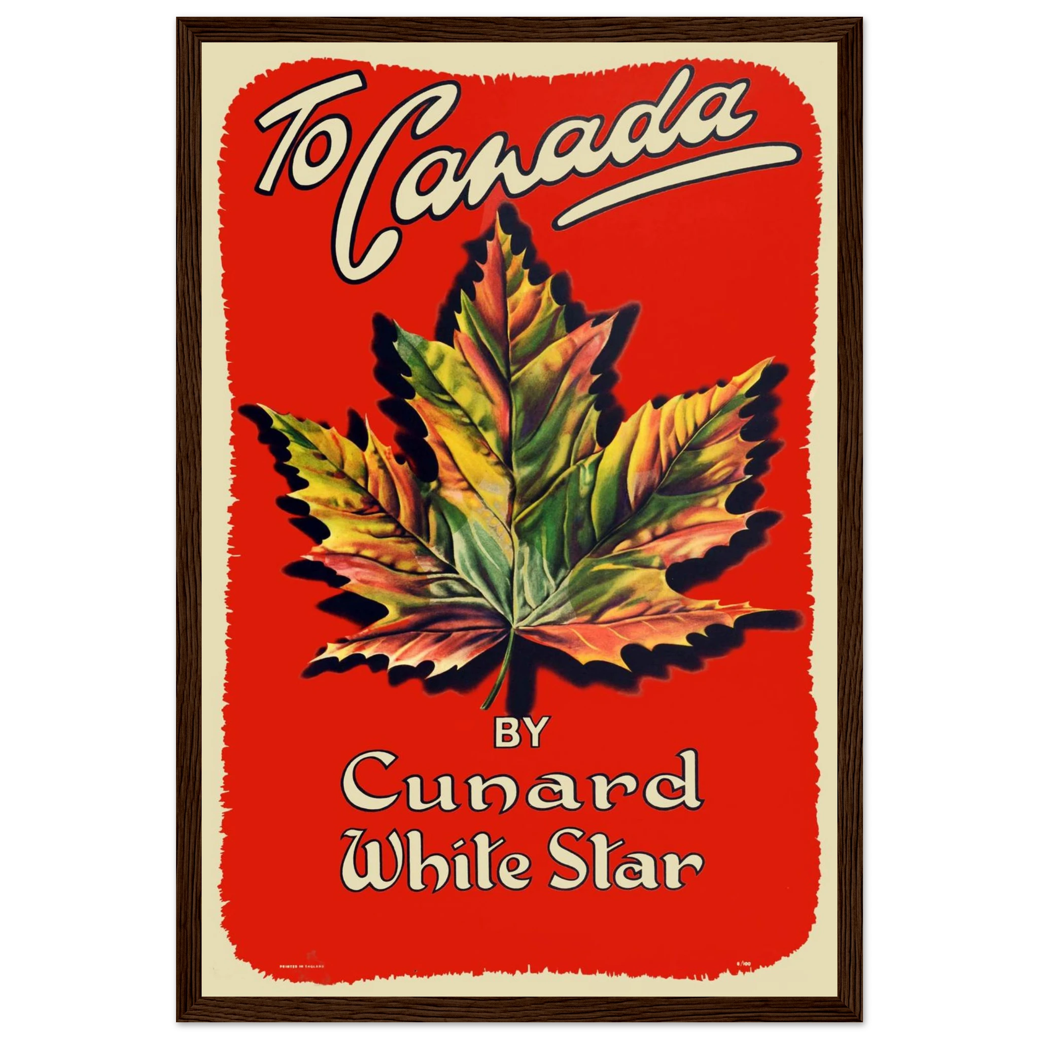 Mid-century modern art print featuring the Canadian maple leaf, a stylish vintage design for modern cabins or travel-themed decor.