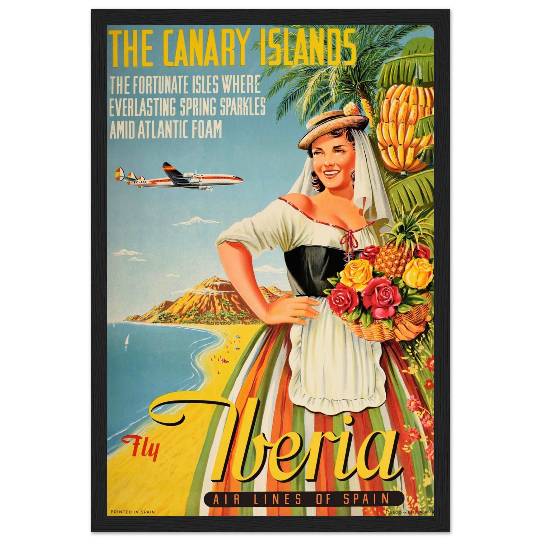 Escape to the sunny Canary Islands with this vintage travel poster, highlighting the islands' stunning beaches, tropical landscapes, and vibrant charm. Whether you're a travel enthusiast or looking to enhance your home decor, this retro travel poster brings the tropical beauty of the Canary Islands to your walls. Featuring vibrant colors and classic island vibes, it’s perfect for your living room, office, or bedroom. Add a piece of paradise to your space today with this Canary Islands vintage print. Order n