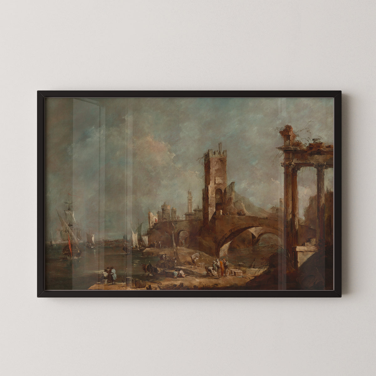 Capriccio of a Harbor by Francesco Guardi, ships and architectural ruins art print in a black frame