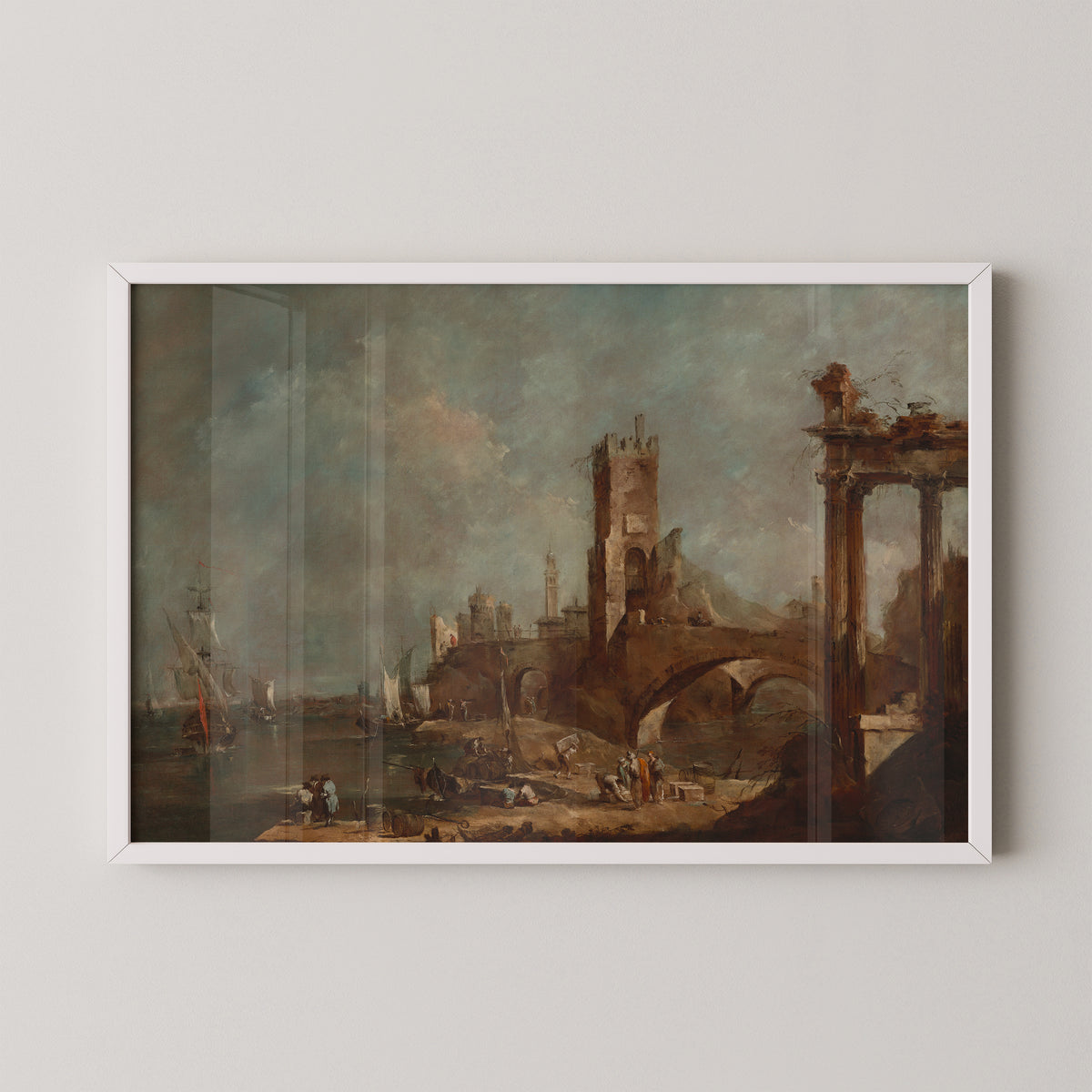 White-framed Francesco Guardi maritime print with dark water beneath a loosely painted blue-gray sky