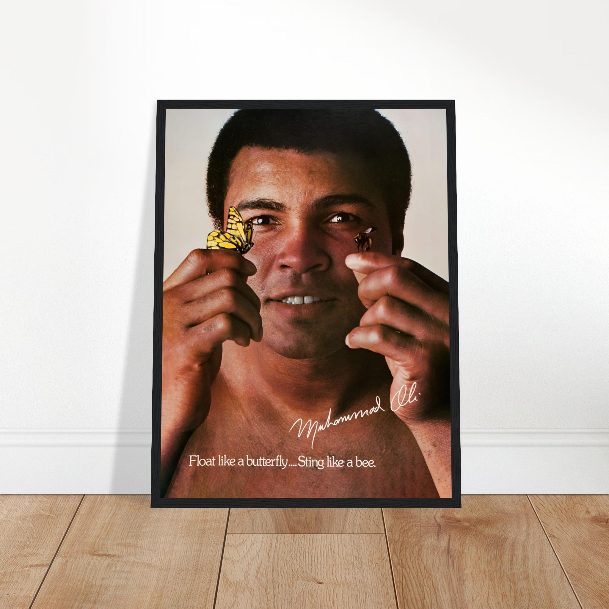 Honor Muhammad Ali with this "Float like a butterfly, sting like a bee" poster. A must-have for boxing fans, sports collectors, and lovers of legendary athletes.