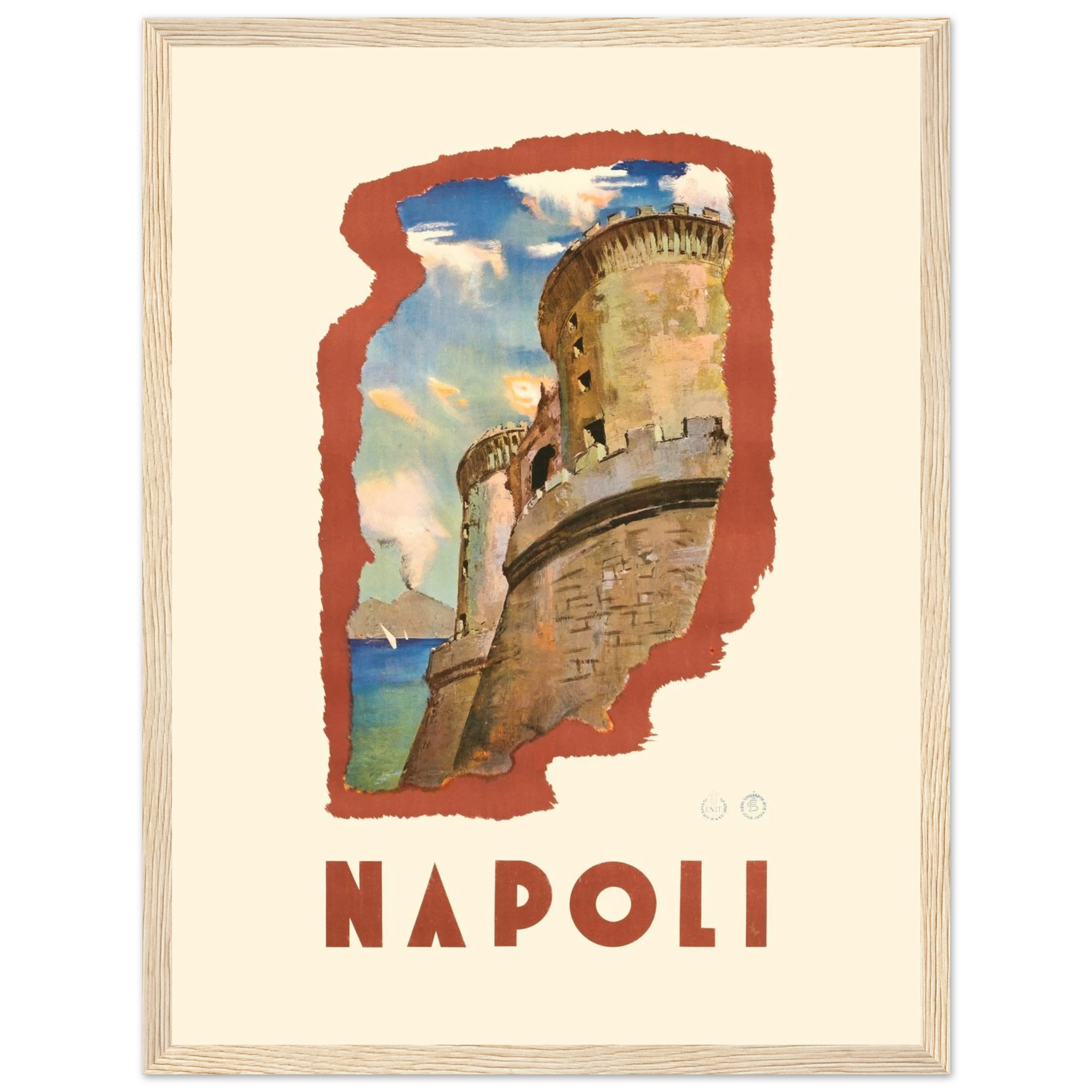 Art print of Castel Nuovo, the medieval castle of Naples, captured in a vintage travel poster style for lovers of Italian history and design.