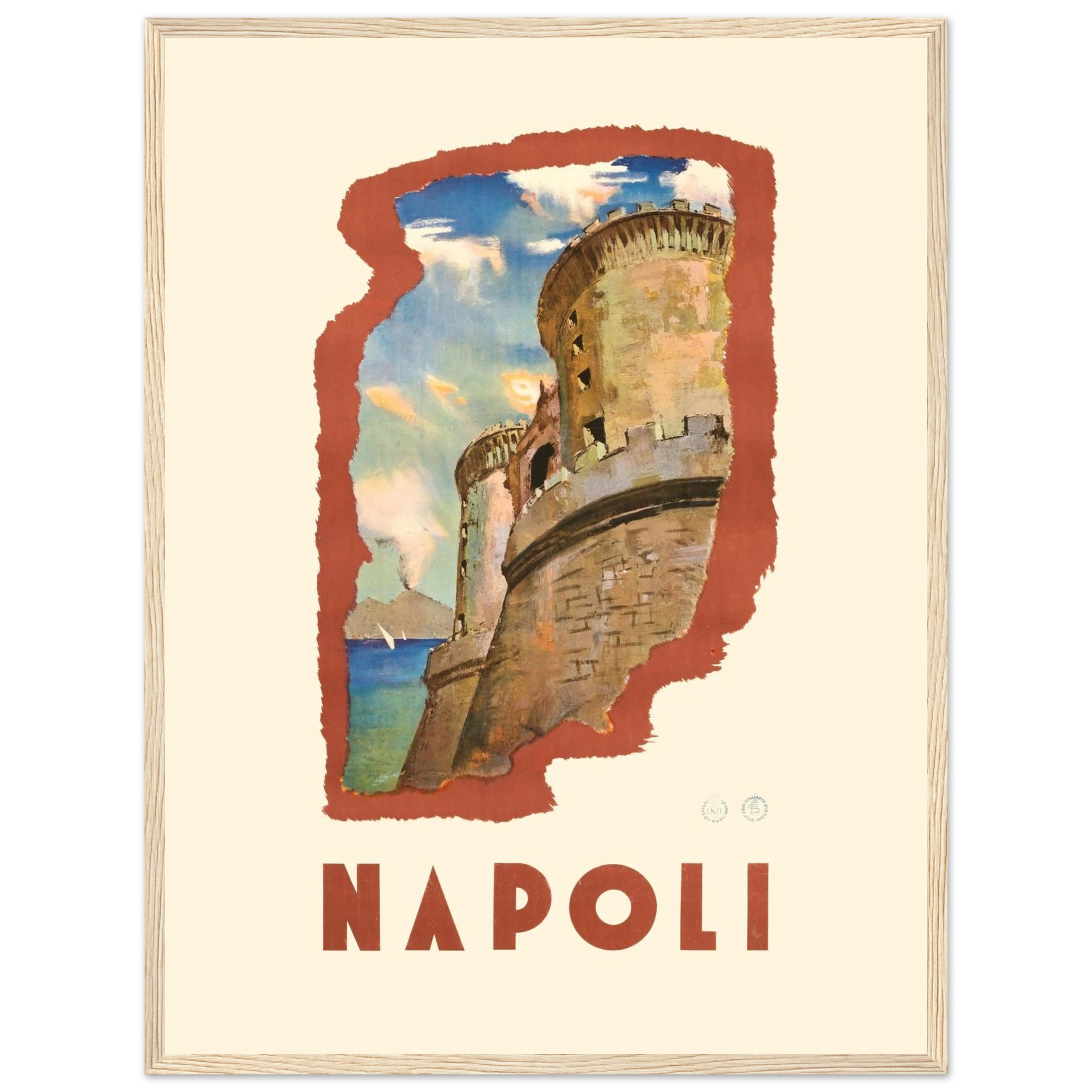Vintage Napoli travel poster featuring Castel Nuovo, the historic 13th-century fortress at the heart of Naples, rendered in classic Italian style.