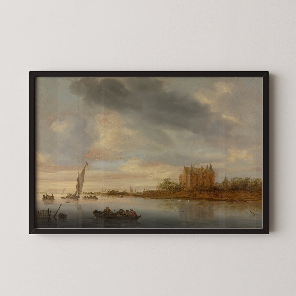 Castle on a River by Salomon van Ruysdael, art print in a black frame